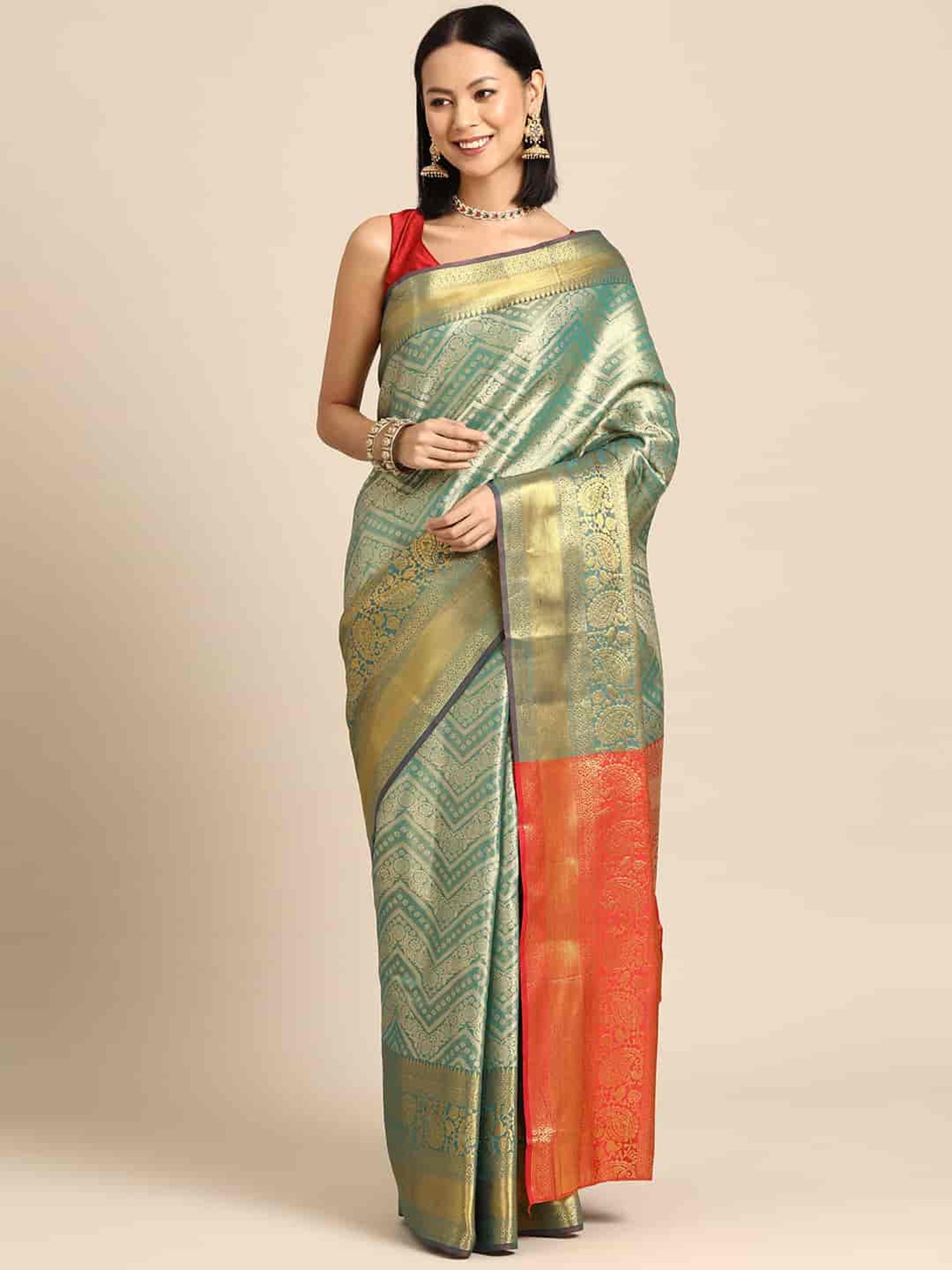 Silk Land Green Woven Saree With Unstitched Blouse