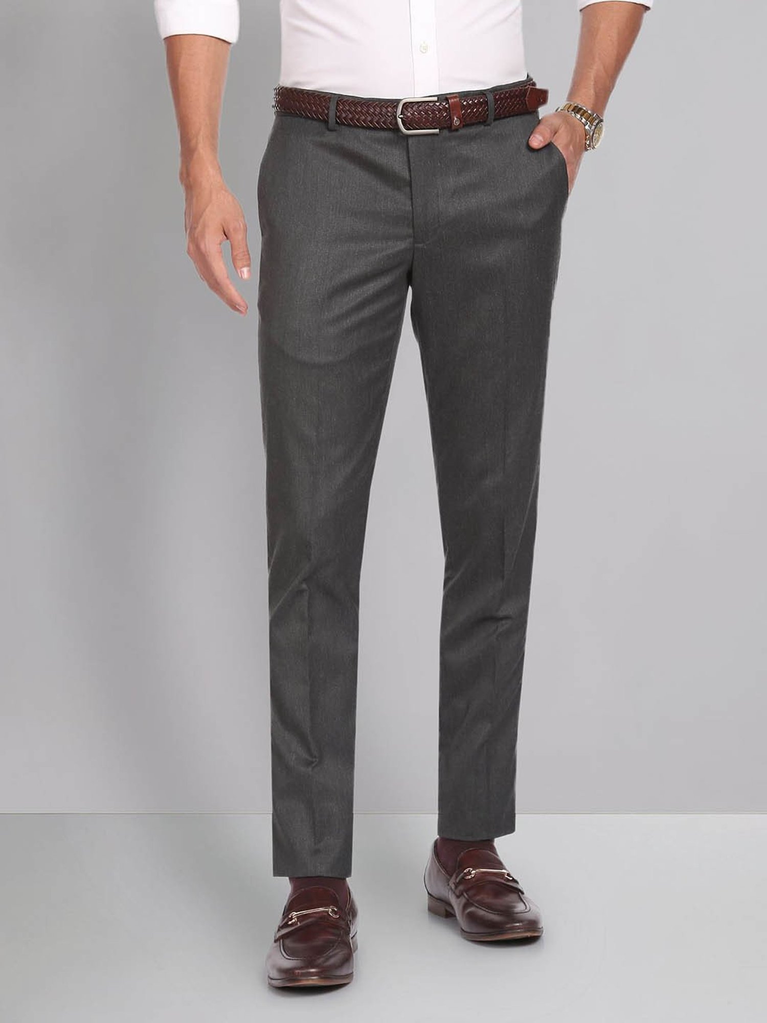 AD by Arvind Grey Slim Fit Flat Front Trousers