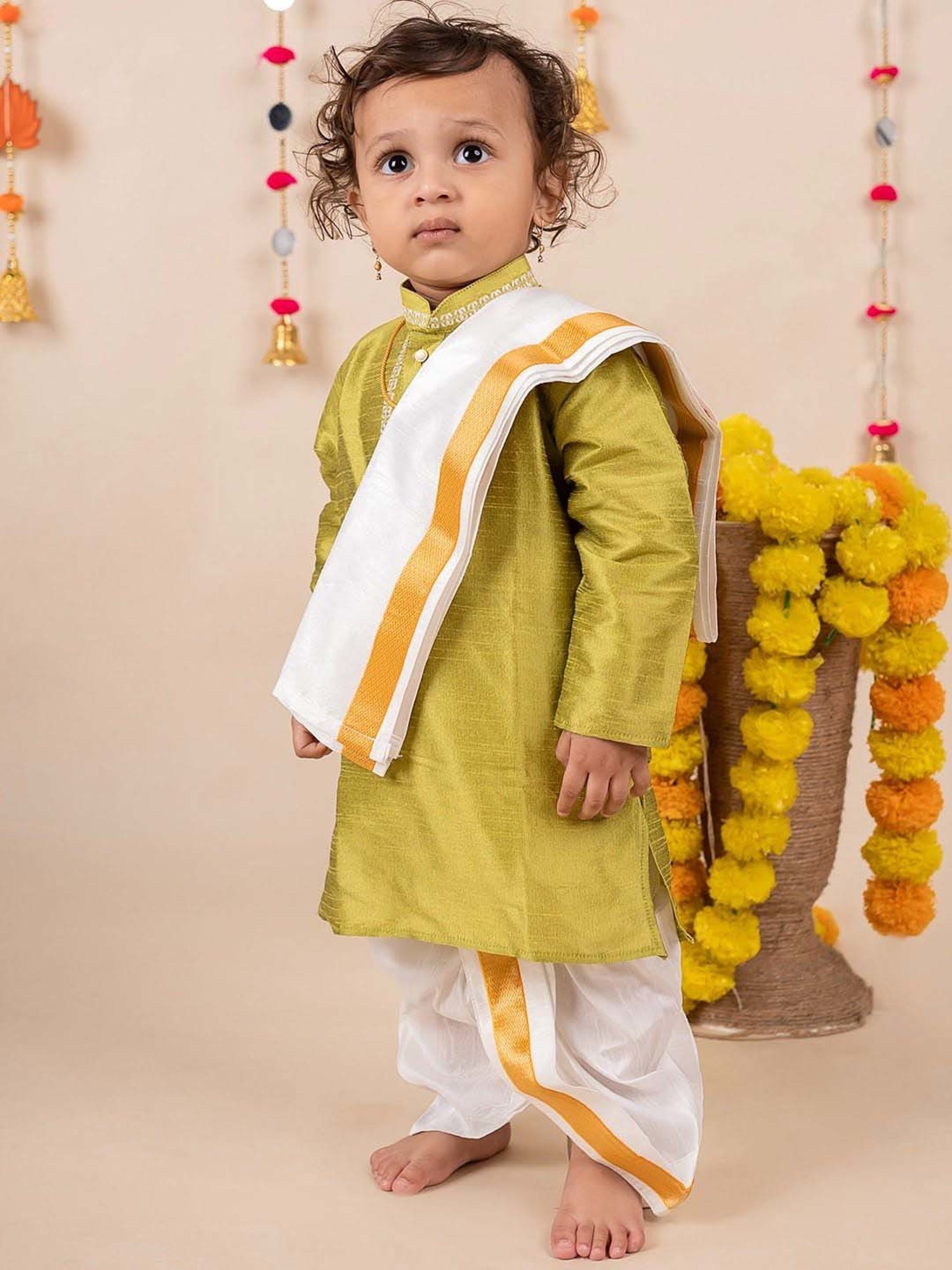 Baby Moo Kids Green & White Regular Fit Full Sleeves Kurta Set