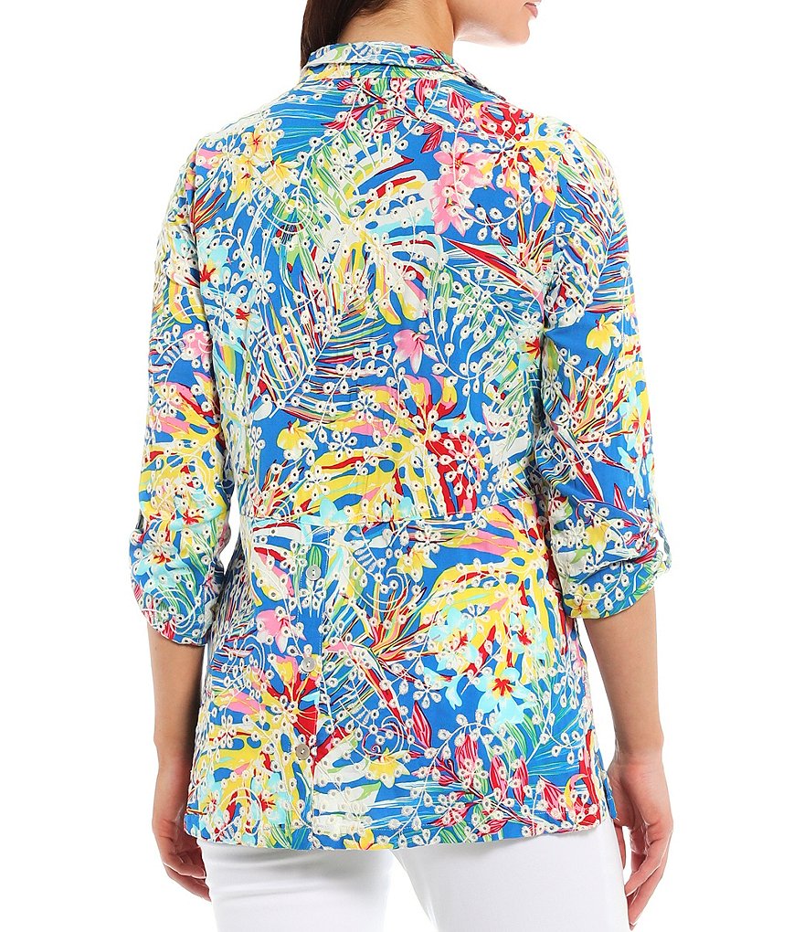 John Mark Floral Embroidered Eyelet Button Front Tunic