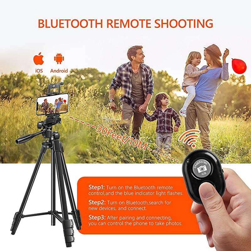 Tripod 55 Inch Lightweight Tripod for with 2 in 1 Holder for Tablet and CellAluminum Alloy 3Way Head Tripod for DLSR Camera with Carrying Bag and Bluetooth Remote Control