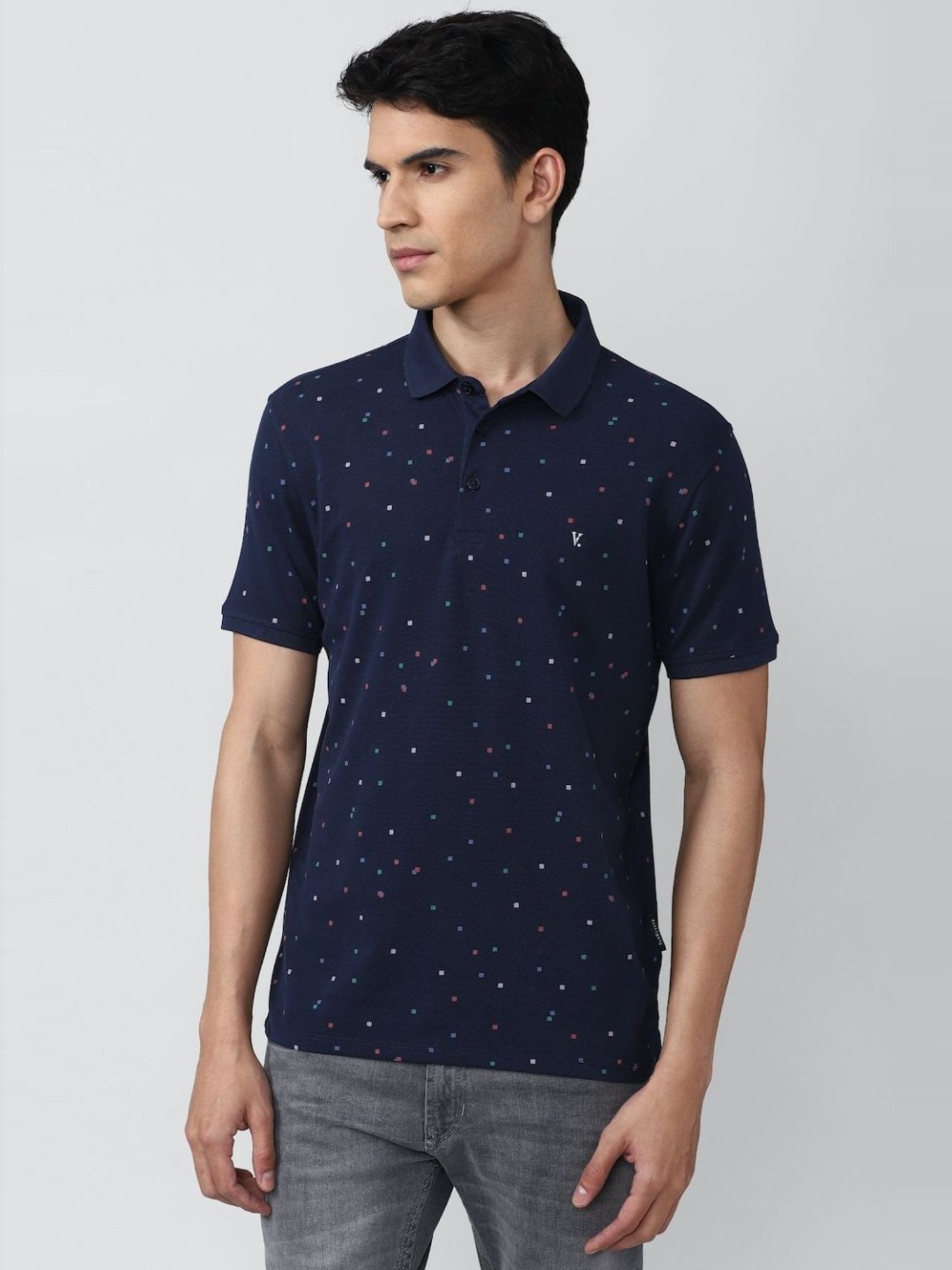V Dot Navy Cotton Slim Fit Printed Polo T-Shirt