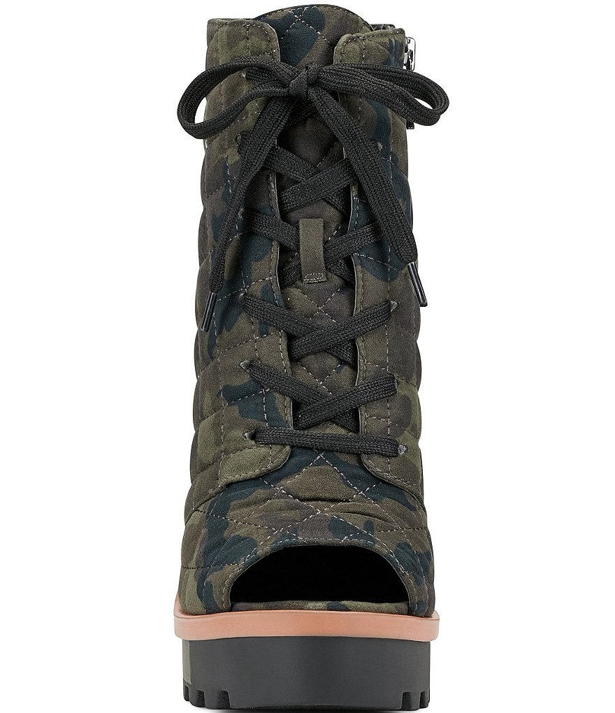 Jessica Simpson Lizzah Quilted Camo Print Peep Toe Platform Block Heel Lug Sole Booties