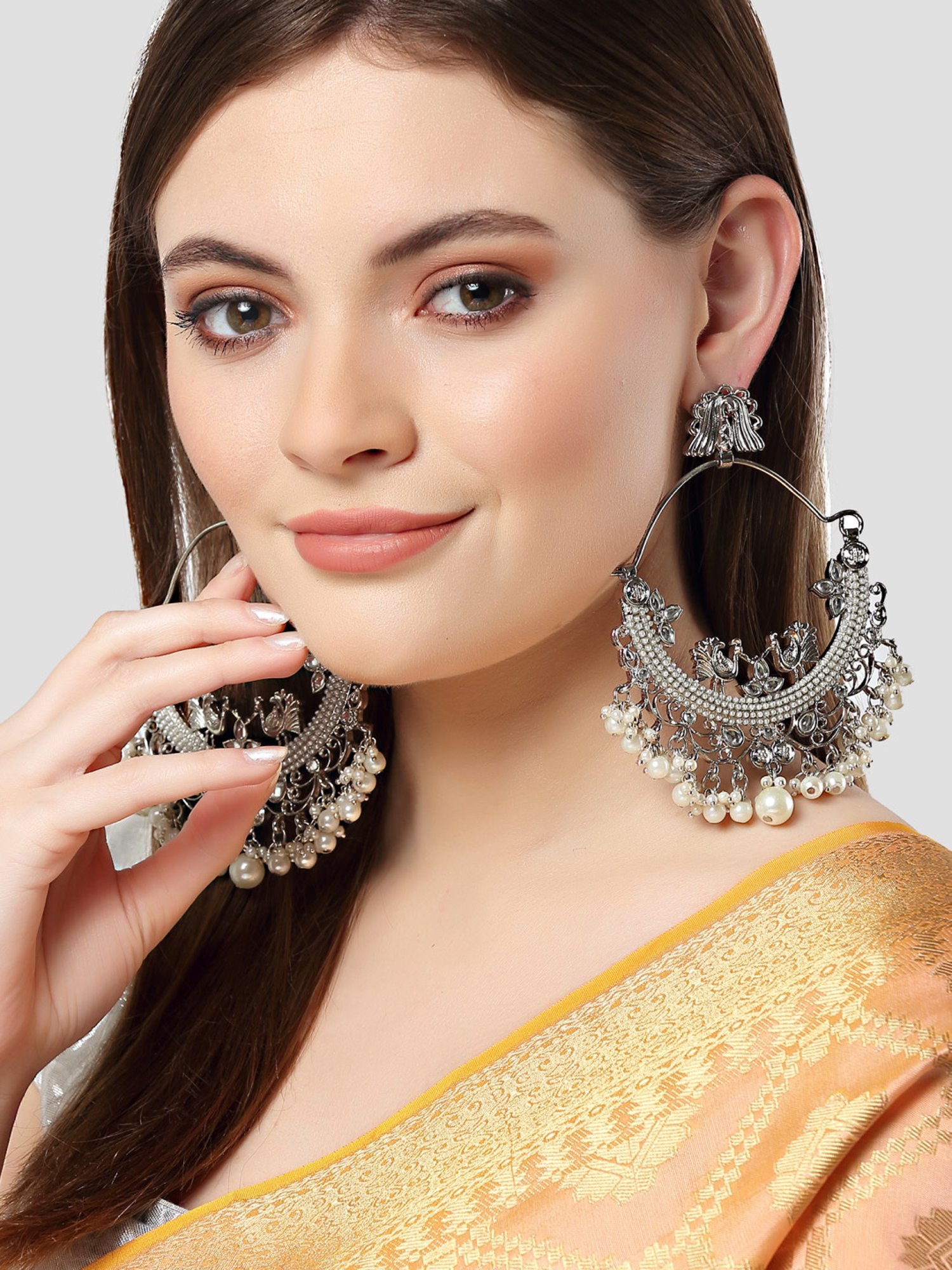 Karatcart Oxidized Silver Embellished Kundan and Pearl Large Chand Bali Earrings for Women