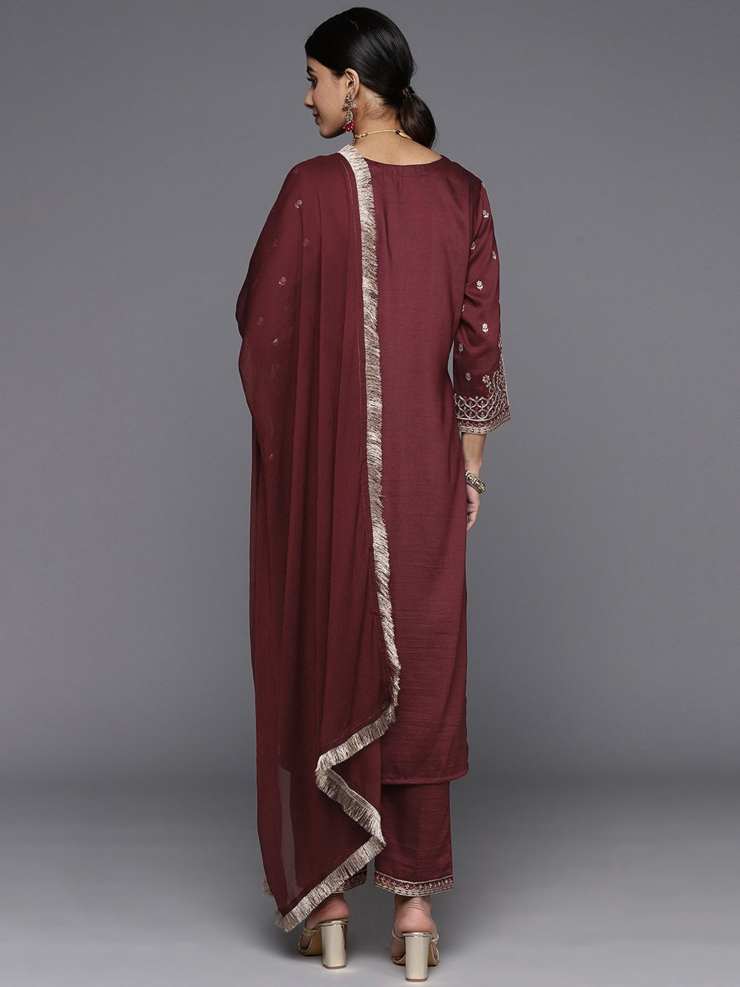 Varanga Maroon Embroidered Kurta With Pant & Dupatta