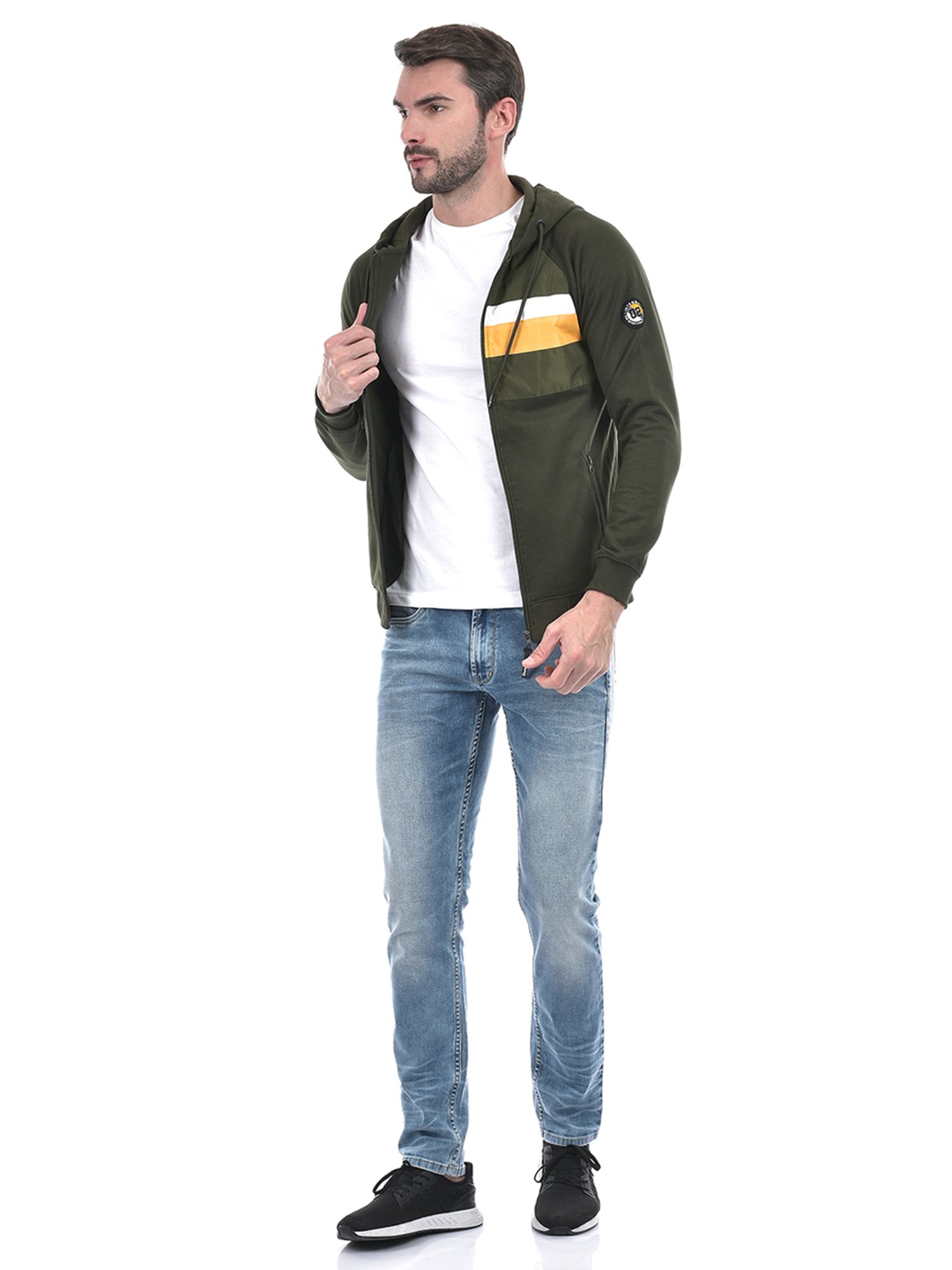 Integriti Olive Regular Fit Striped Hooded Jacket