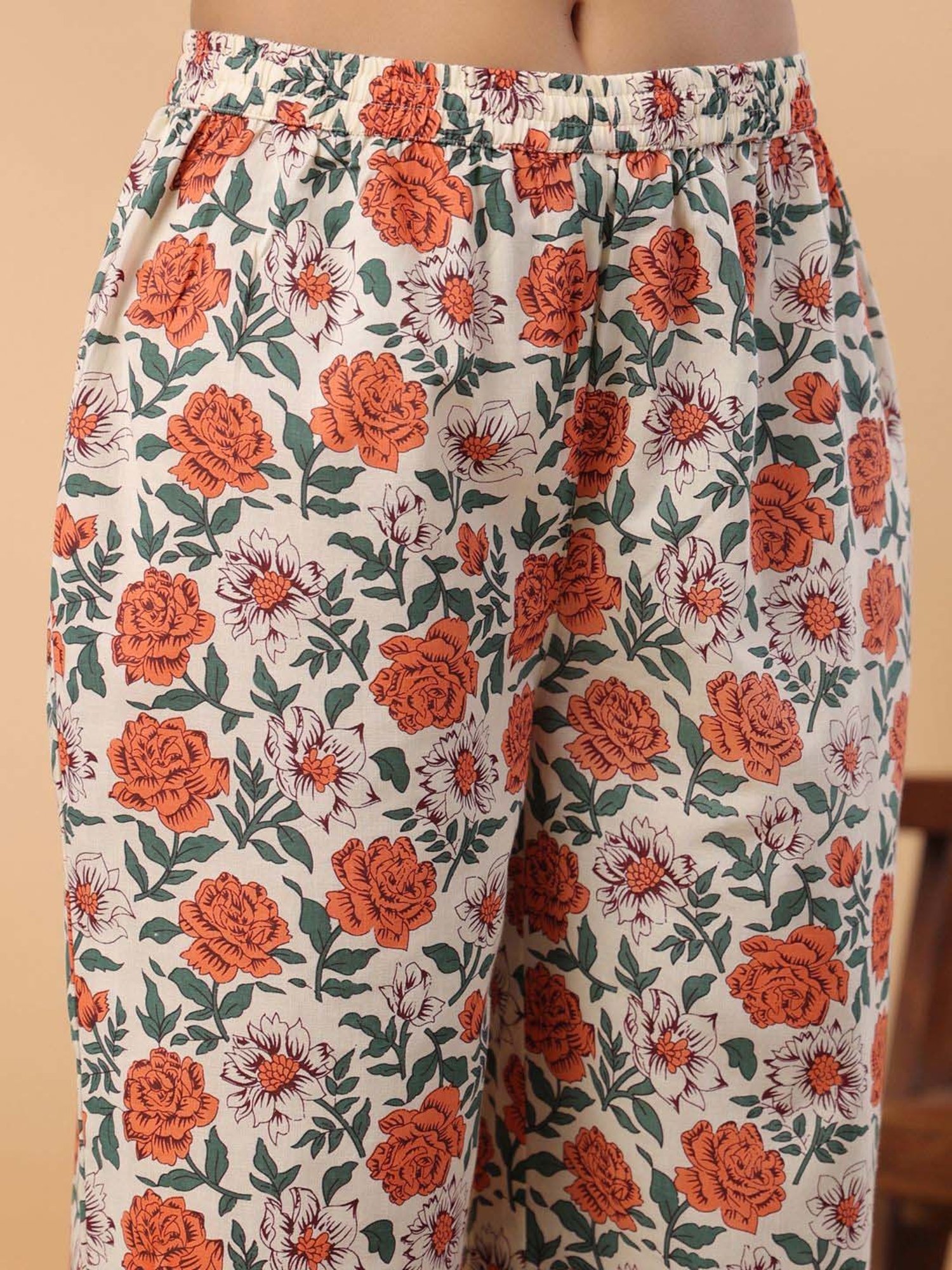 Janasya Beige Cotton Floral Print Kurta & Pant Set