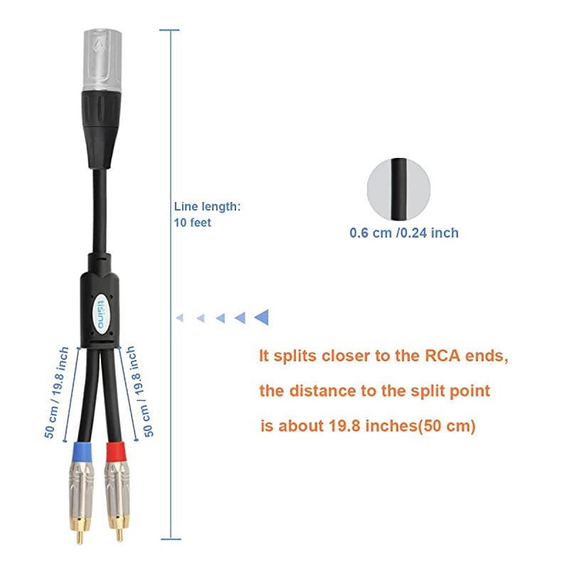 2 RCA to XLR Male Y Splitter Cable, Unbalanced Dual RCA Male to 1 XLR Splitter Duplicator Lead Y-Cable Adapter - 10 feet