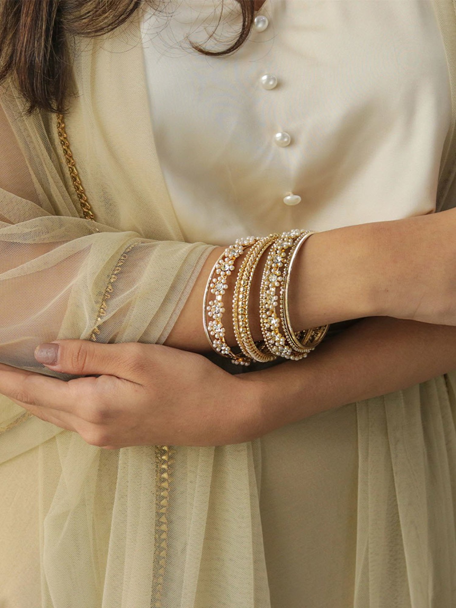 Fida Gold-toned Beaded & Stone Embellished Bangles for Women - Set of 9