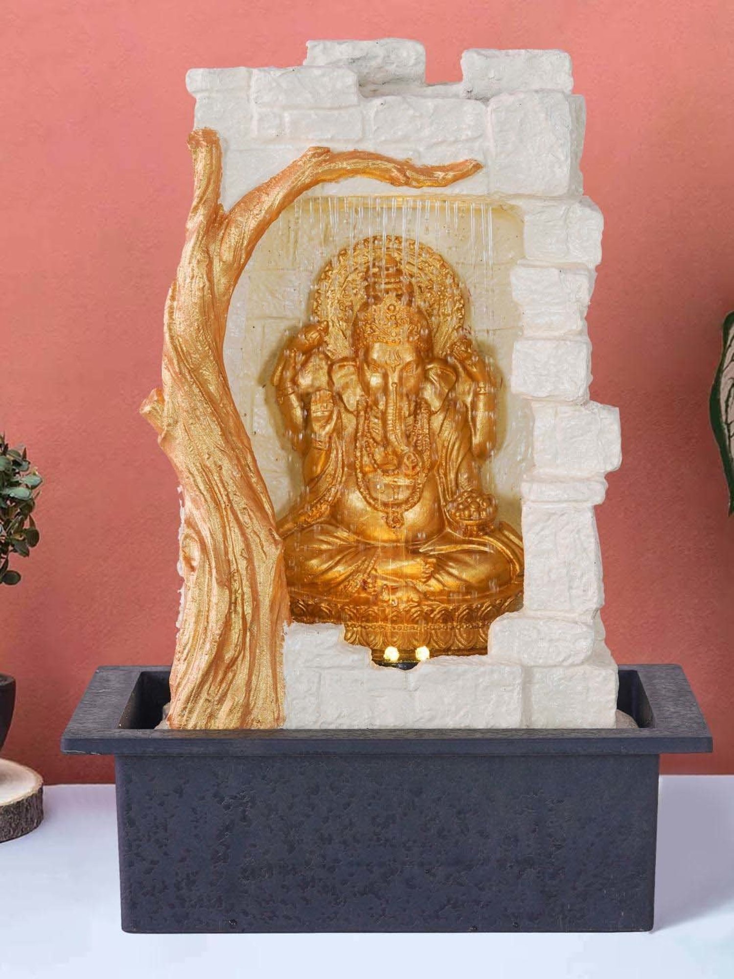 CHRONIKLE White & Gold Polyresin Ganesha Idol Front Curtain Waterfall Fountain