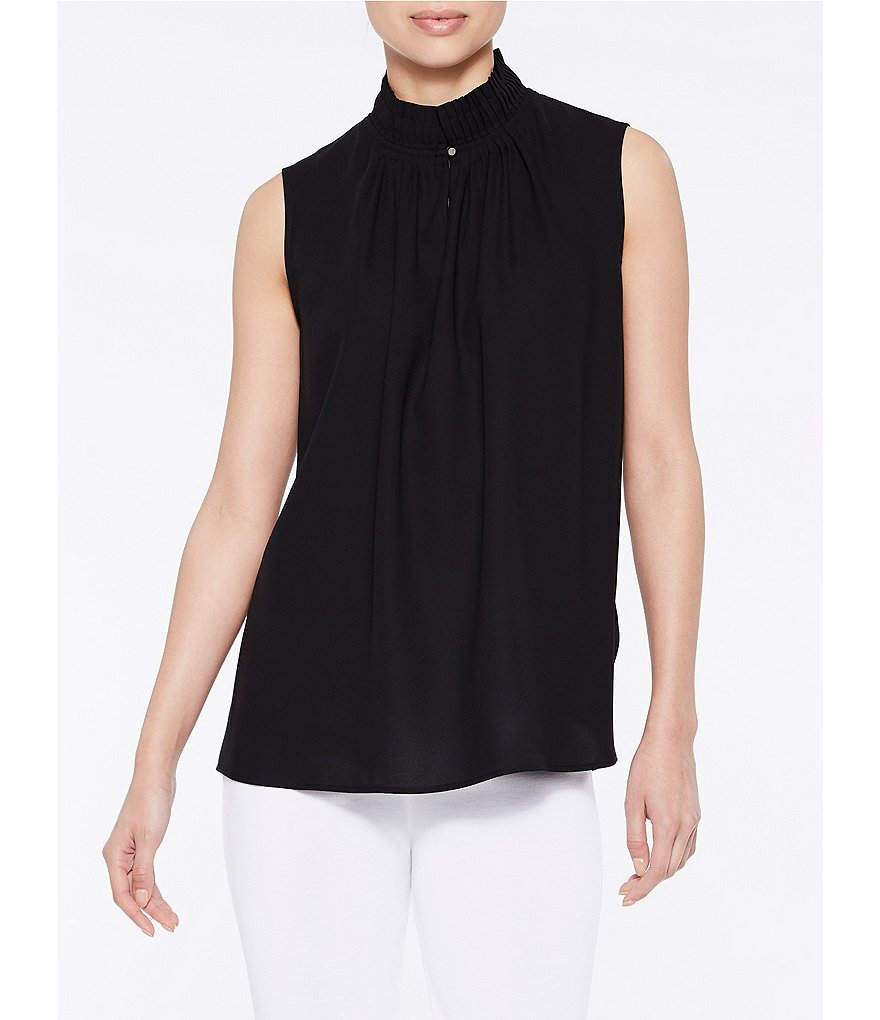 Ming Wang Crepe de Chine Pleated Split Mock Neck Sleeveless Blouse