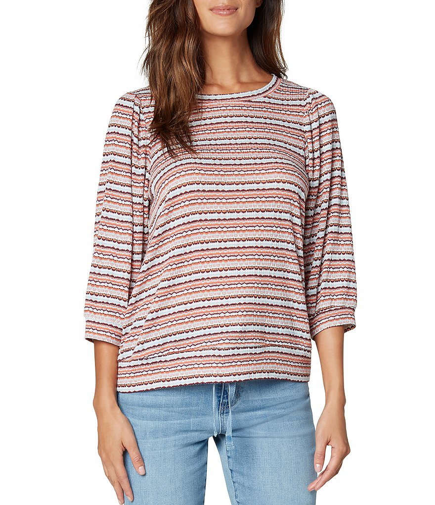 Liverpool Los Angeles Puff Sleeve Jewel Neck Stripe Knit Top
