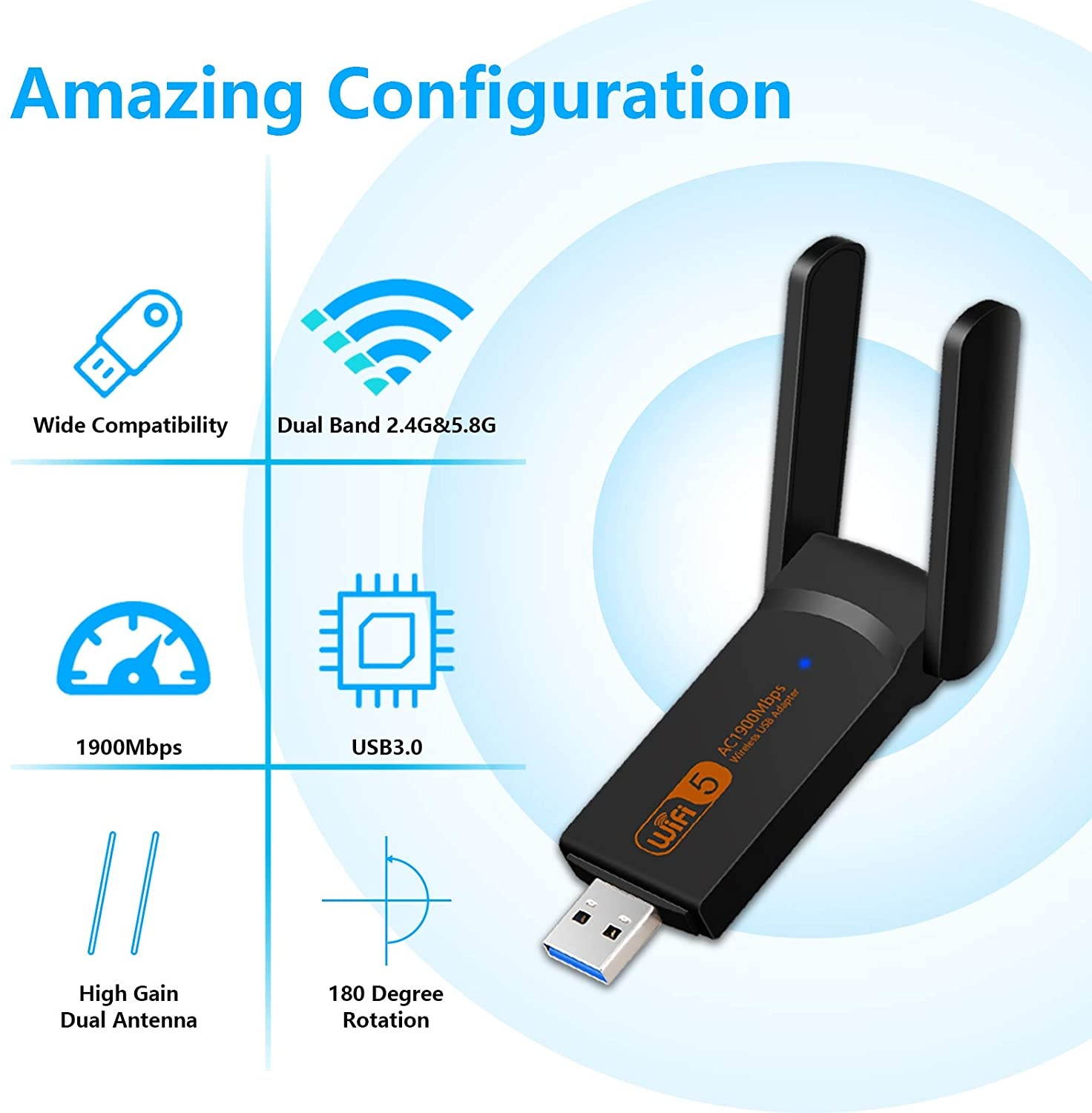 1900Mbps WiFi Adapter Aigital USB Network Adapter Dual Band 5GHz & 2.4GHz Wireless WiFi Dongle with High Gain Antennas for PC/Desktop/Computer Compatible with Windows XP1087 and Mac OS 10.7~10.15