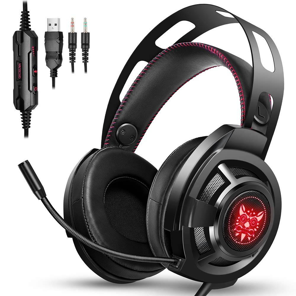 onikuma gaming headset new version for ps4xbox one, noise cancelling overear headphones with mic, stereo bass surround & rgb led light, soft memory earmuff for pc laptop mac nintendo switch games
