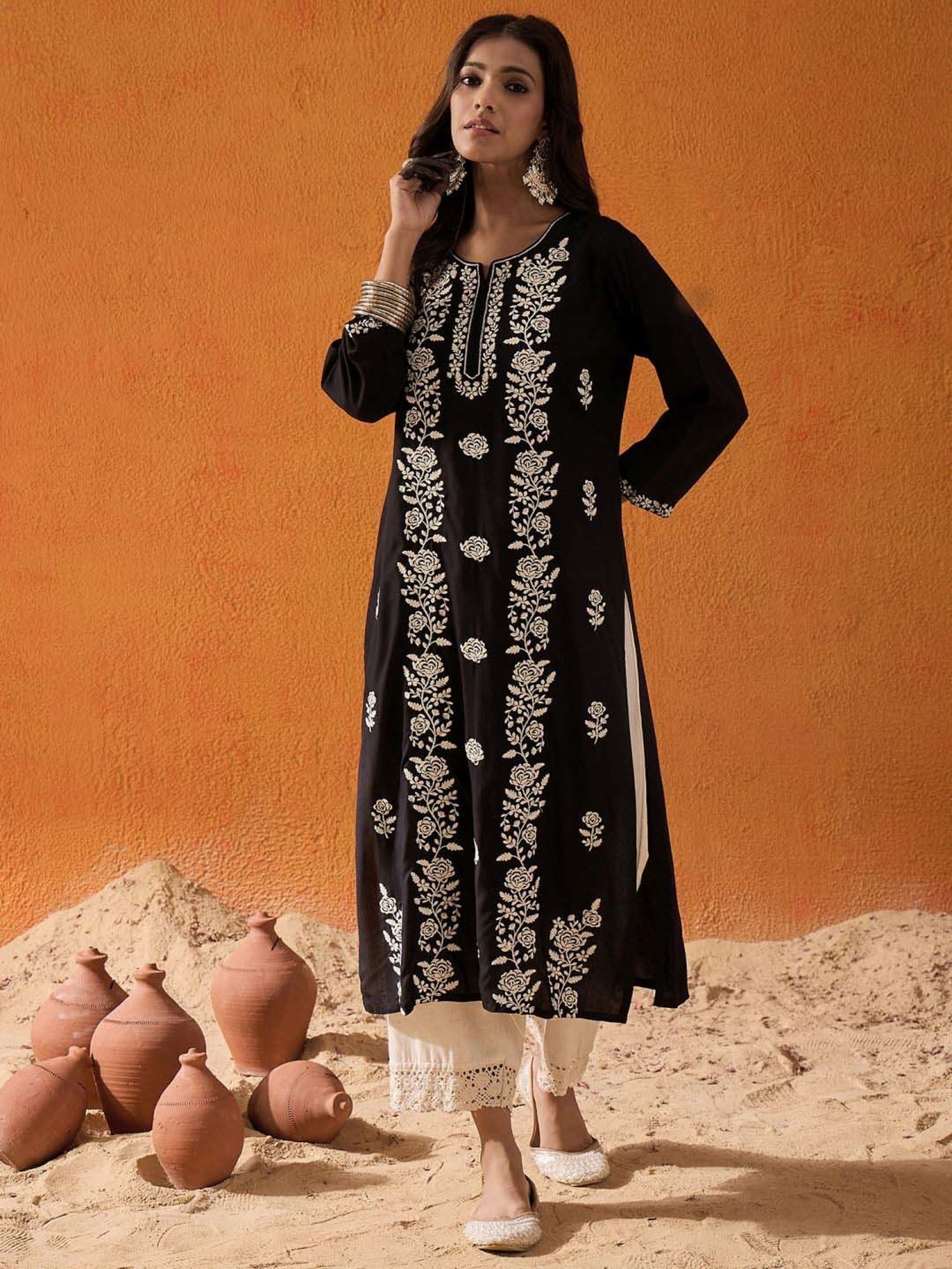 Indo Era Black Embroidered Straight Kurta