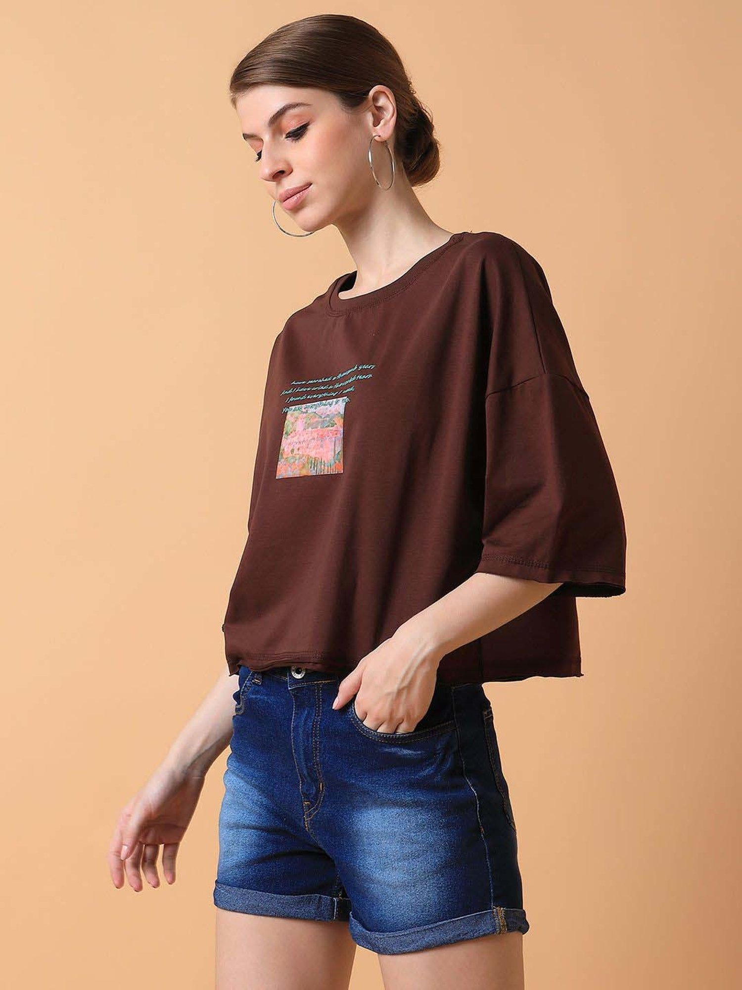 SHOWOFF Brown Cotton Printed T-Shirt