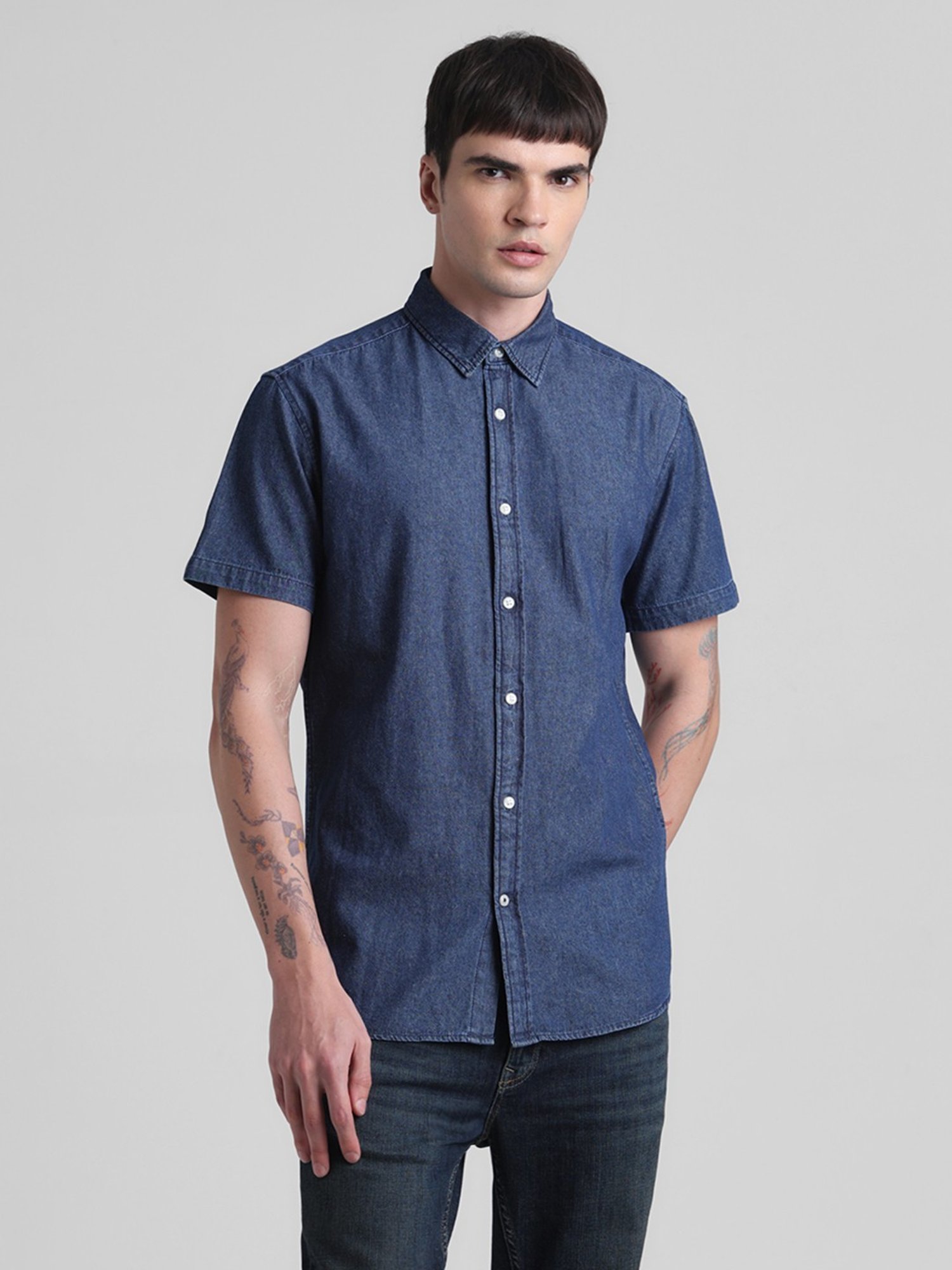Jack & Jones Dark Blue Denim Cotton Regular Fit Denim Shirt