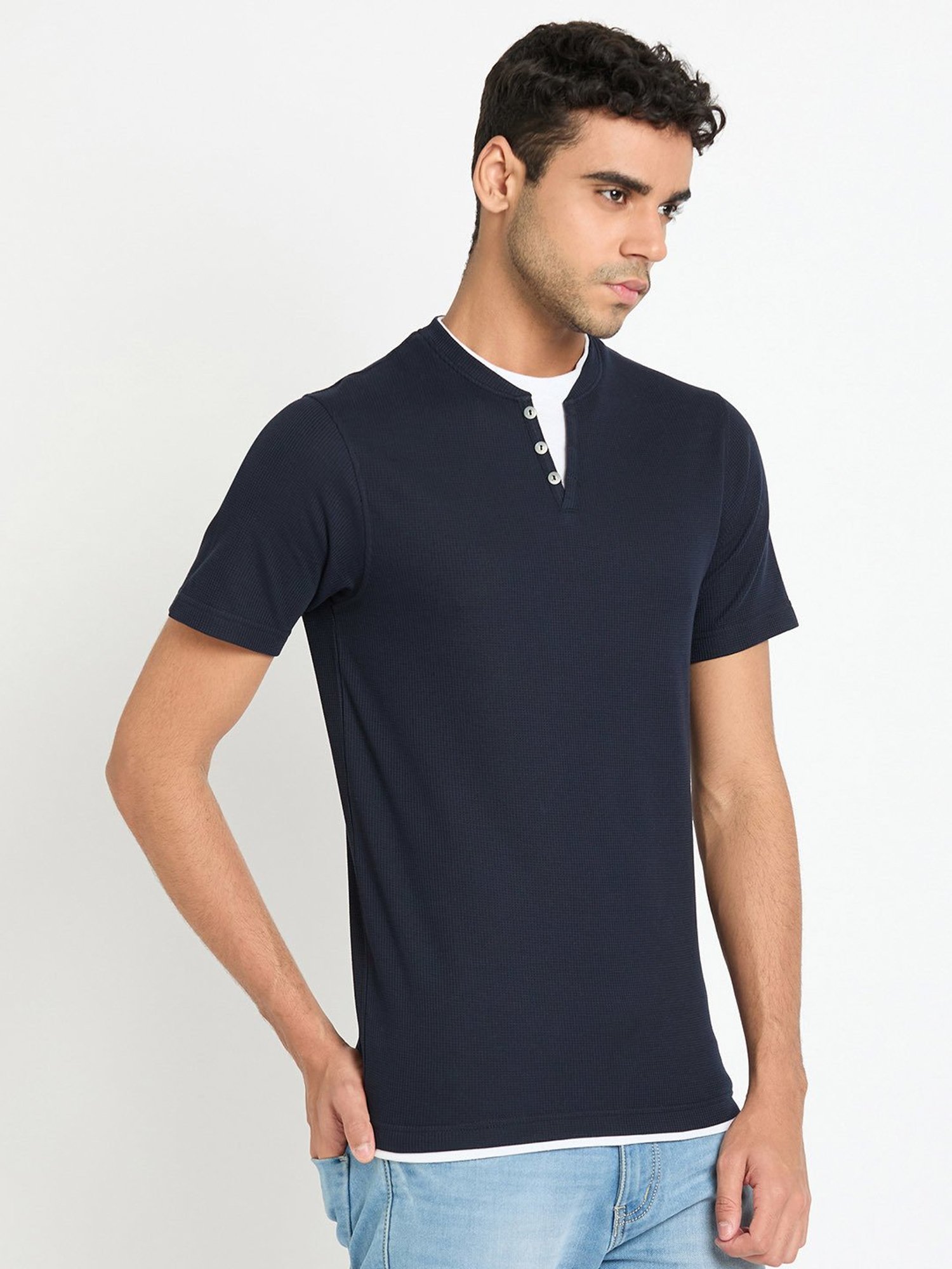 Club York Navy Regular Fit Textured Henley T-Shirt
