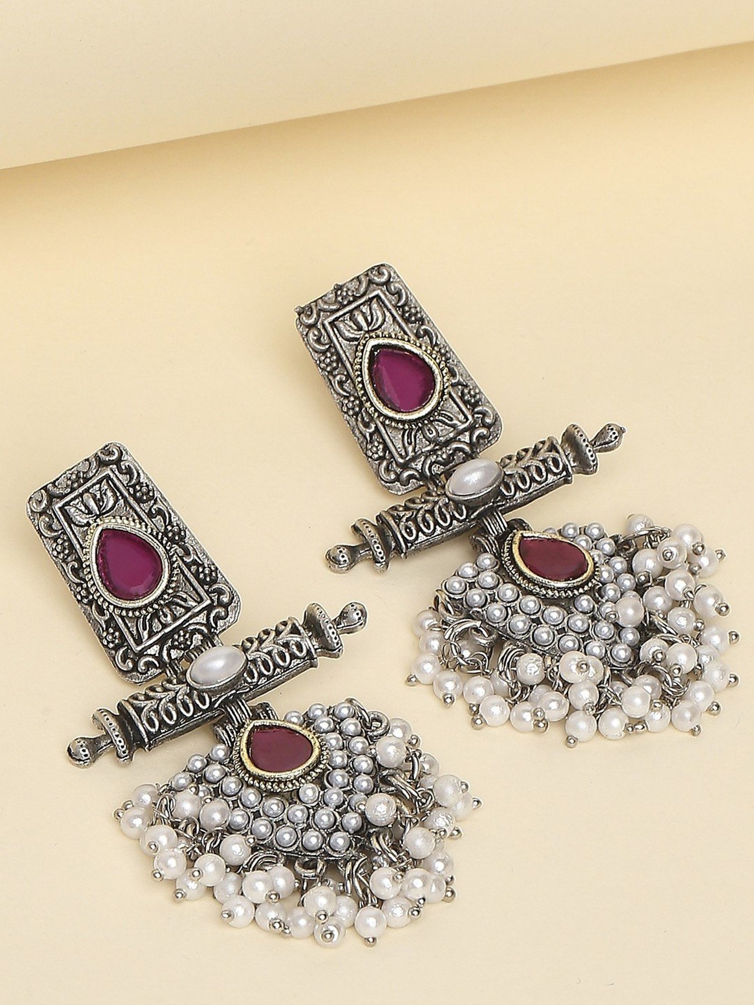 Oomph Oxidized Silver Ethnic Silver Look Alike Maroon Stones Pearls Dangler Earrings
