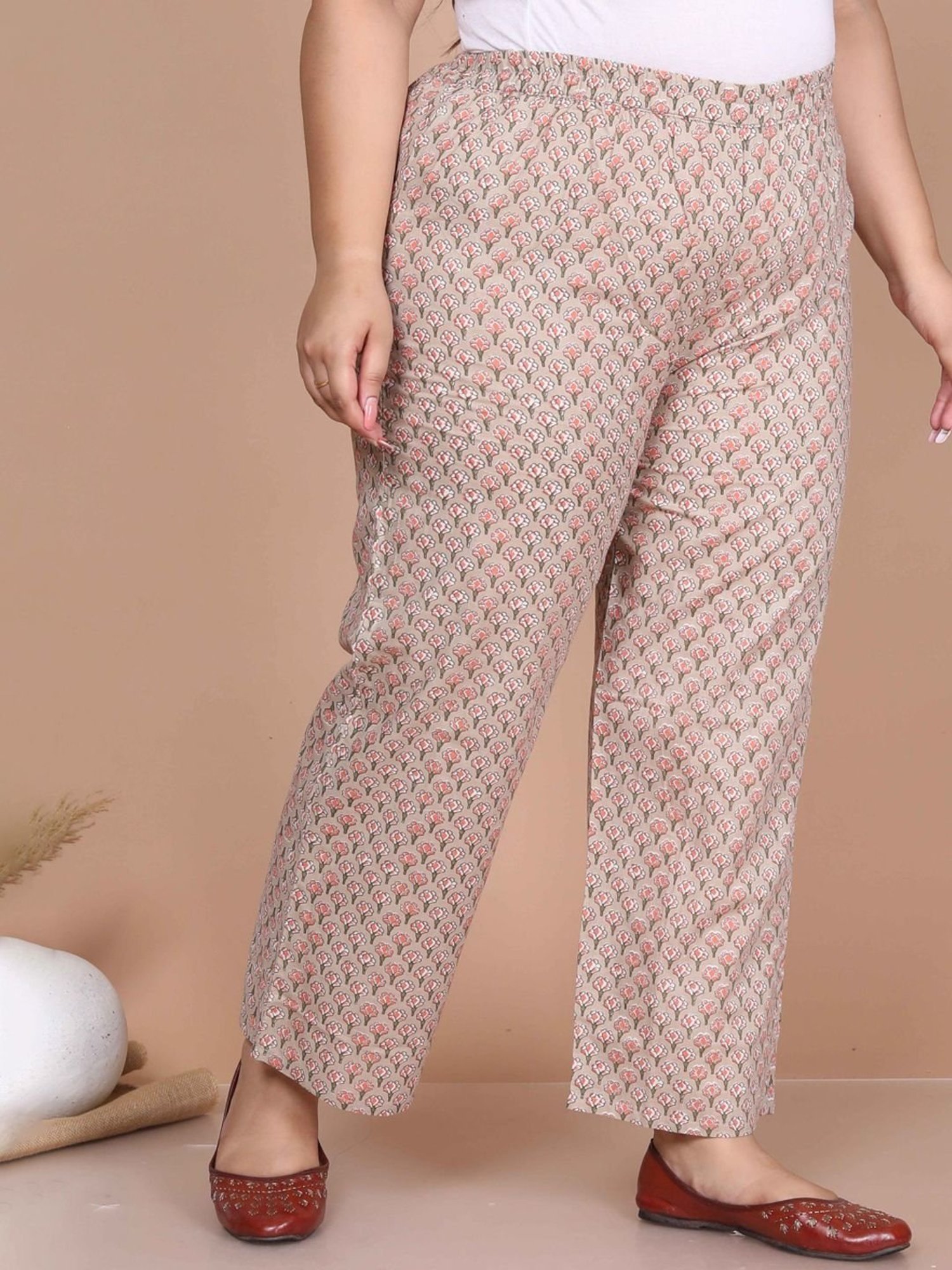 Miravan Beige Cotton Floral Print Kurta Palazzo Set With Dupatta