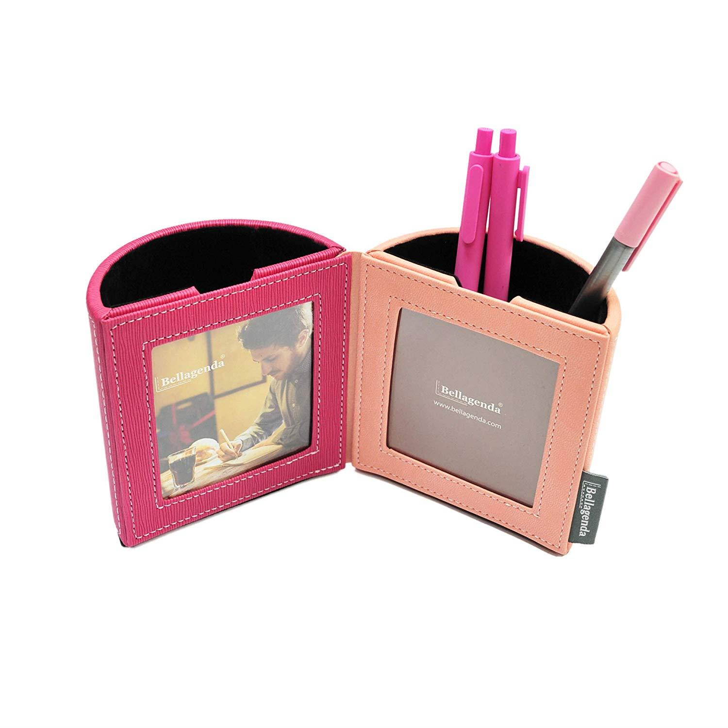 Pen Pencil Holder with Photo Frames | Desk Organizer | Desk Decoration | Multi Function Desk Stationery | Space Saver | 2 Picture Frames | Handicraft | PU Leather & Suede (Rose Pink)