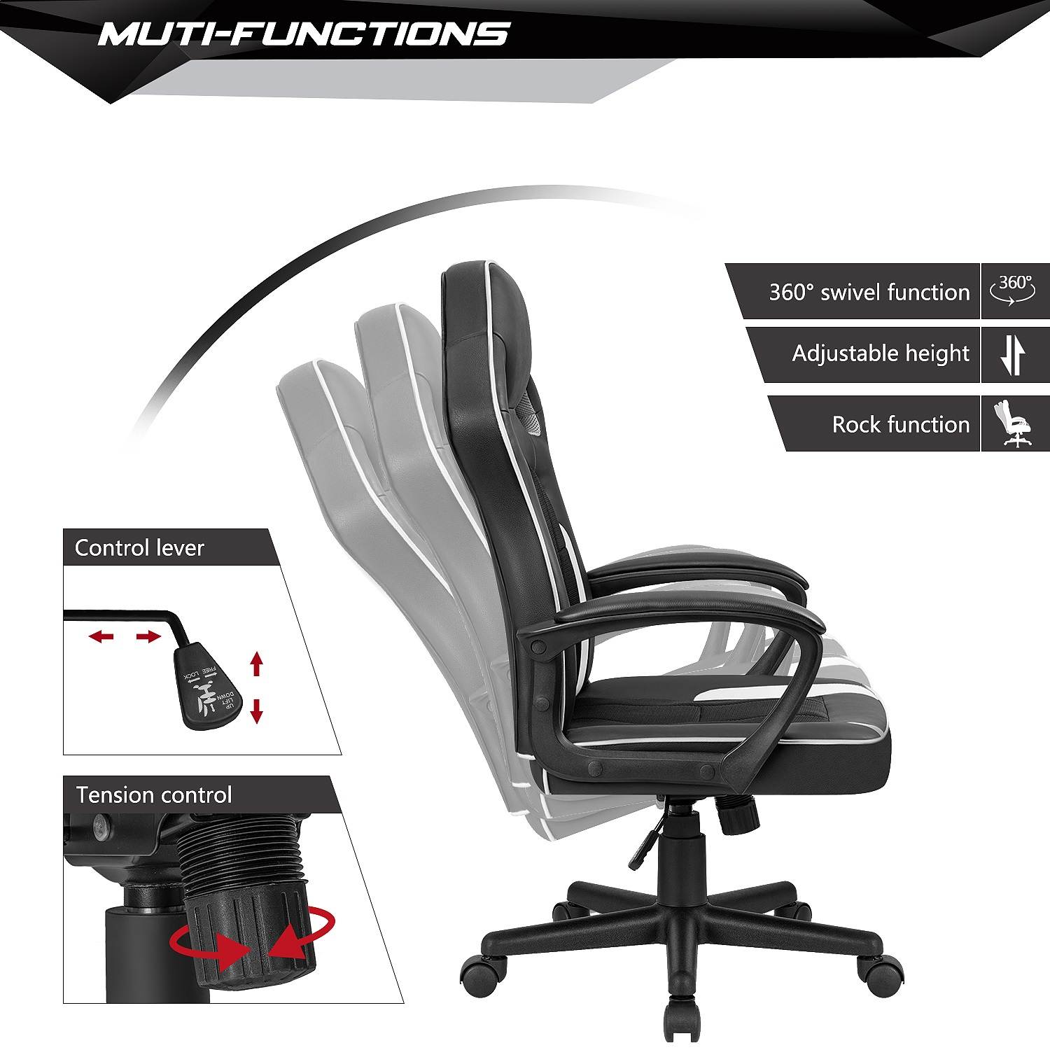 Homall Gaming Chair High-Back PU Leather Office Chair Adjustable Height Racing Style Ergonomic Computer Chair with Lumbar Support (Red)