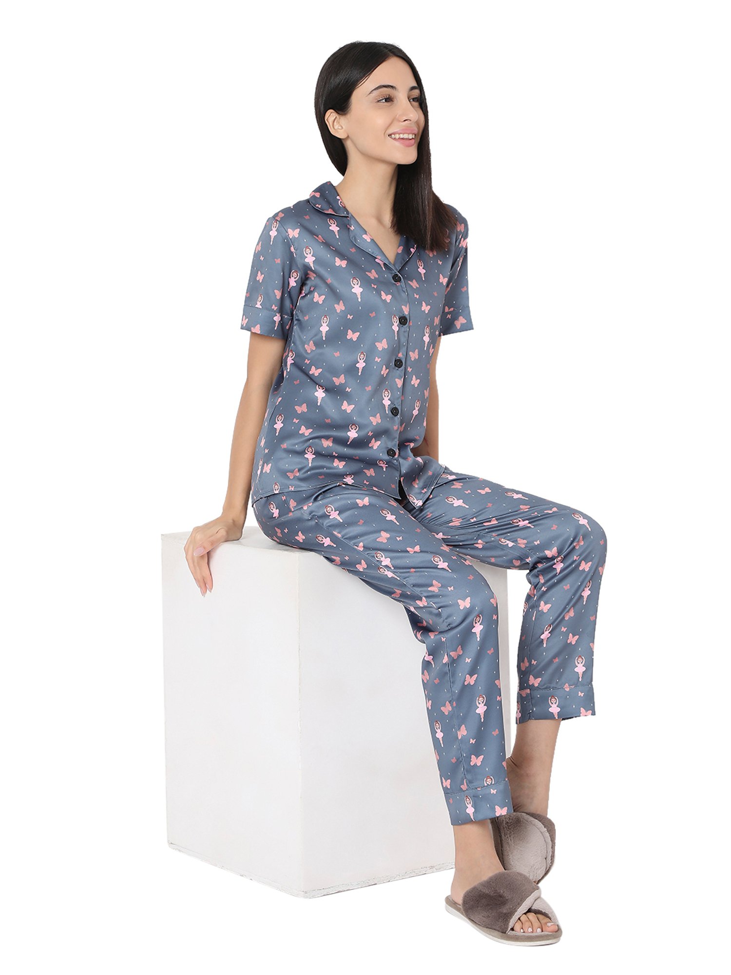 Smarty Pants Grey Satin Print Shirt With Pyjamas