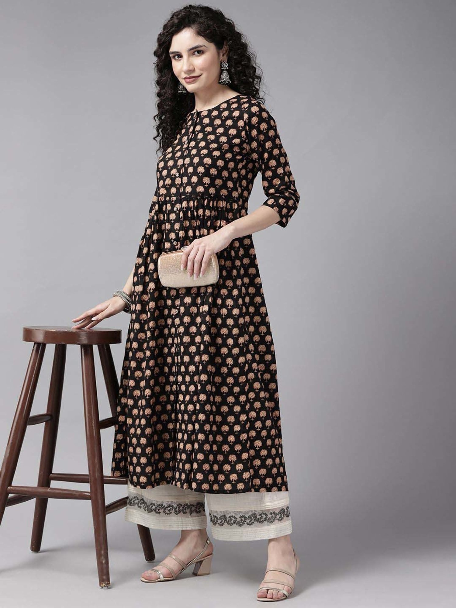 Cayman Black Cotton Floral Print A Line Kurta