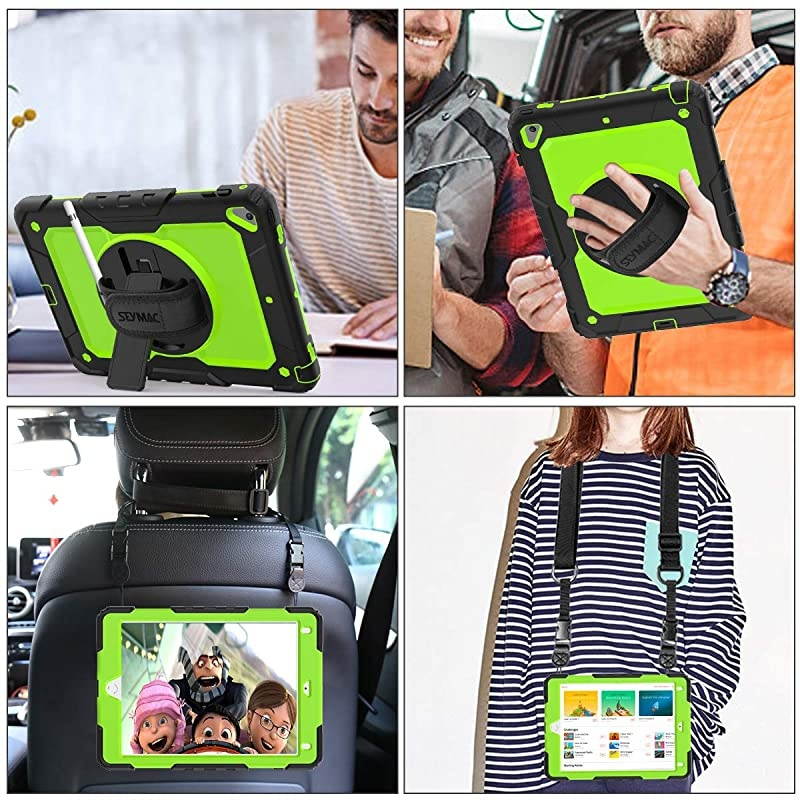Case for iPad 6th5th Generation FullBody Protection with 360 Degrees Rotating Stand Pencil Holder Hand Strap for iPad 5th6th Air 2 Pro 97Green+Black