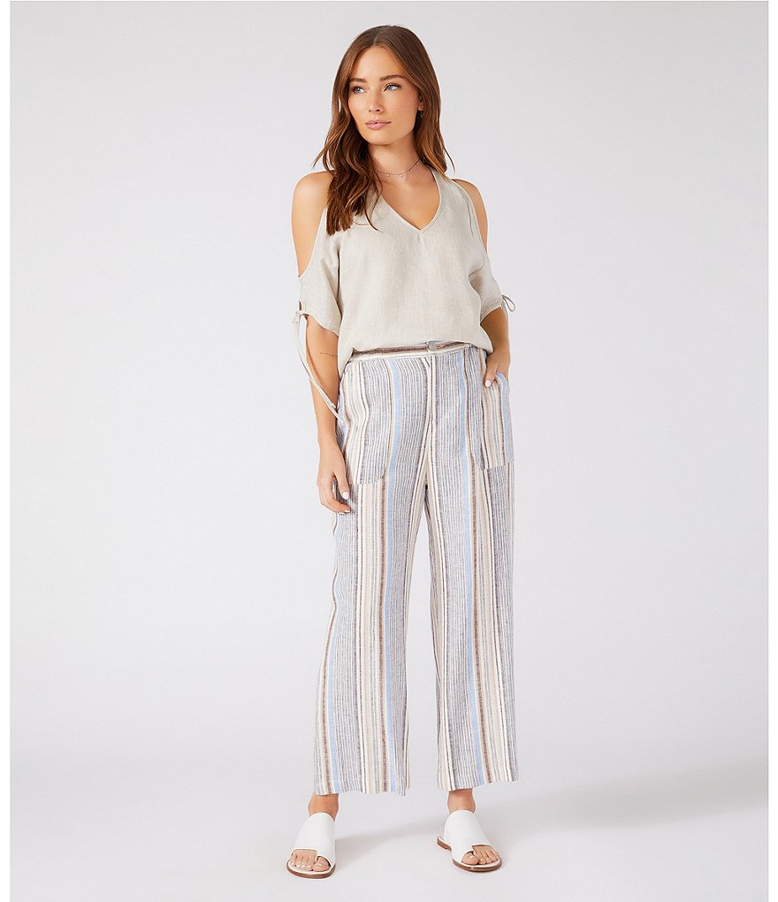 Karen Kane Cropped Wide Leg Linen Blend Striped Pants