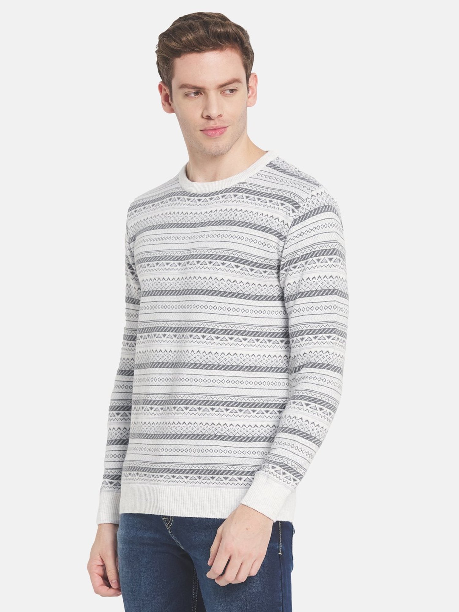 Mettle White Cotton Regular Fit Striped Sweater