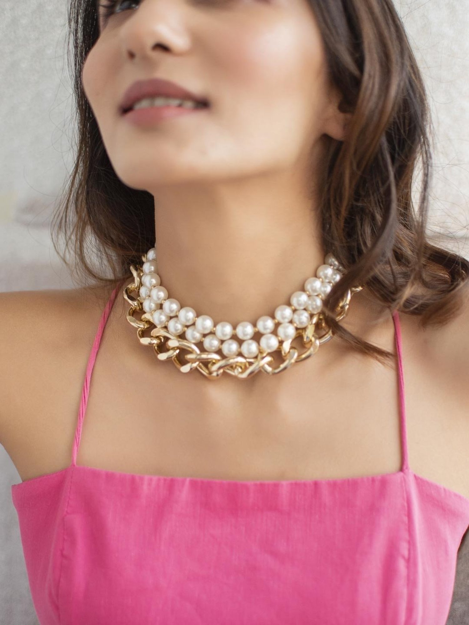 ToniQ White Pearl Gold-Plated Linked Chain Choker Necklace for Women