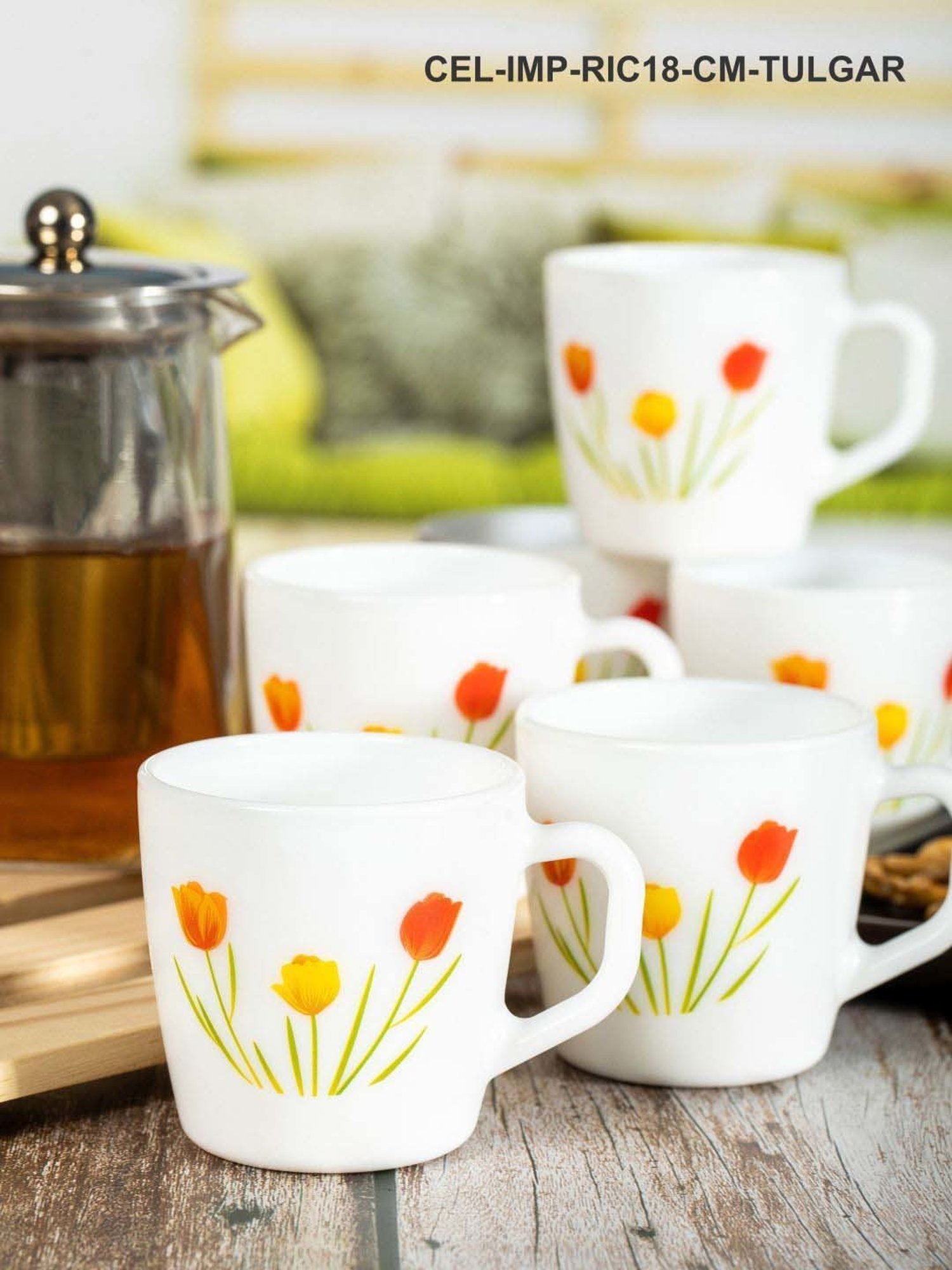 Cello Imperial Ricca White & Orange Glass Coffee Mug (0.18 L) - Set of 6