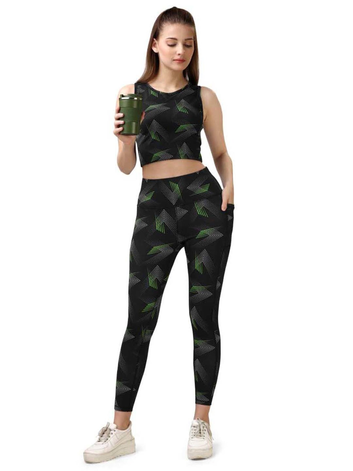 Soie Black Printed Sports Crop Top Tights Set