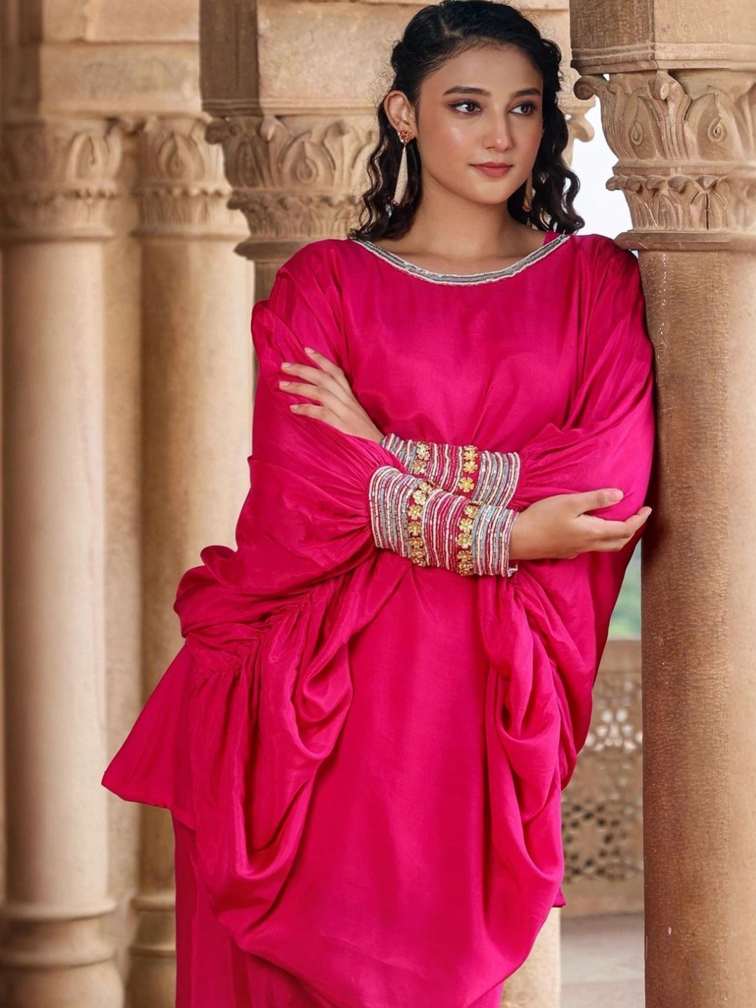 Scakhi Pink Muslin Silk Poncho Co-Ord Set With Trouser And Camisole