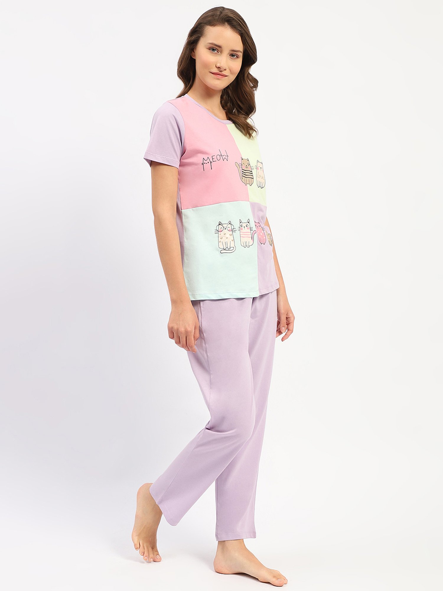 MADAME M Secret Mauve Cotton Color-Block T-Shirt With Pyjamas