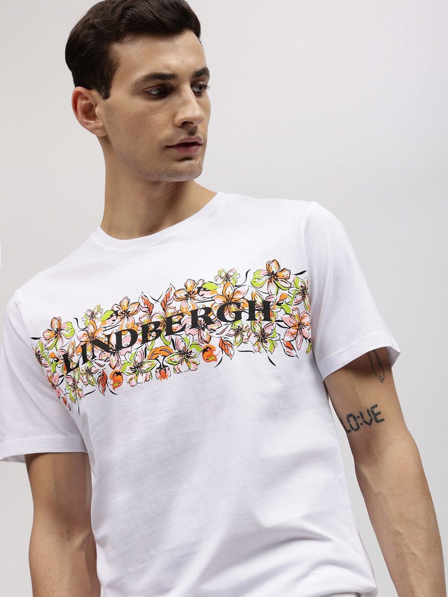 Lindbergh White Cotton Regular Fit Printed T-Shirt