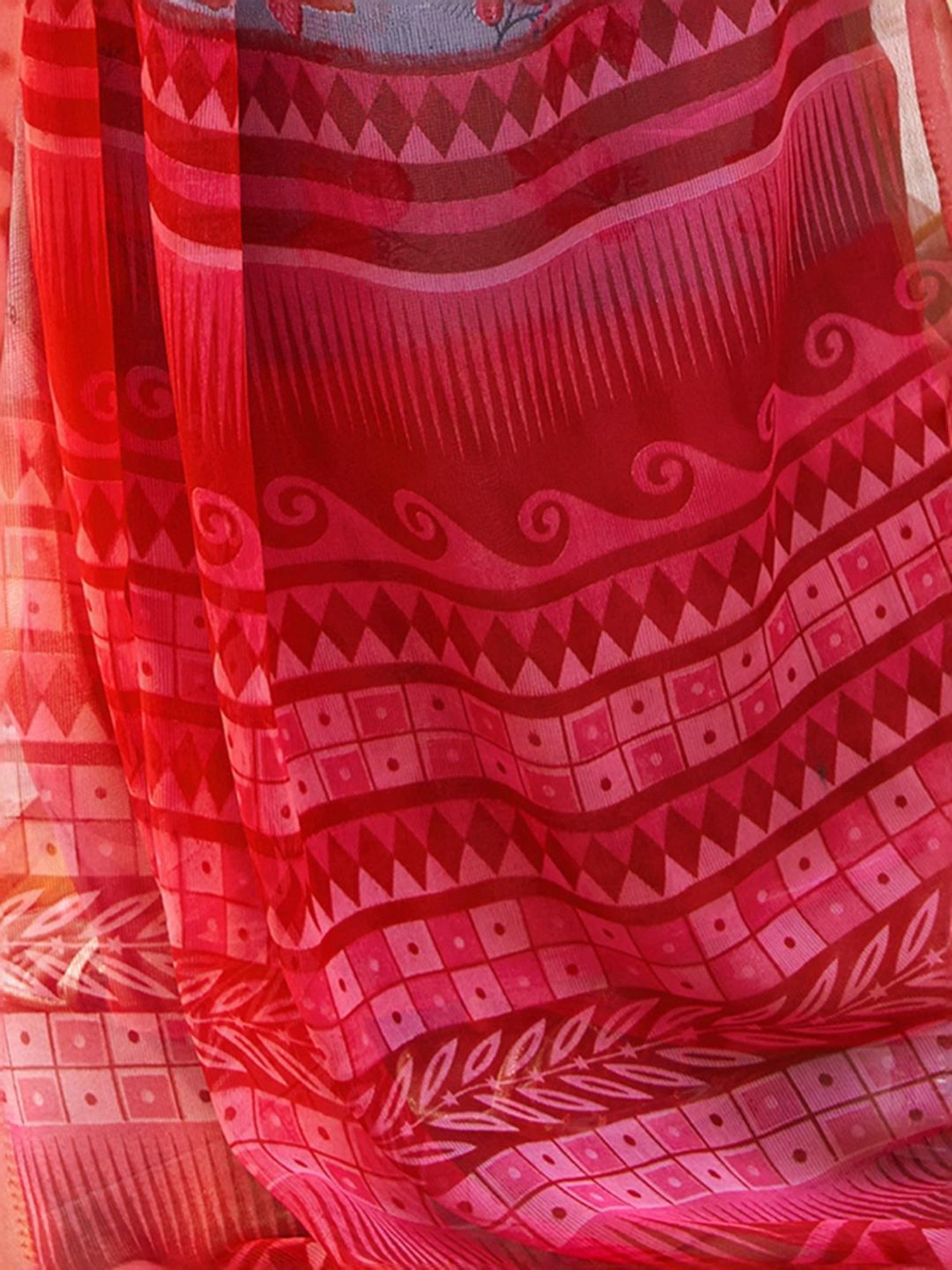 Satrani Grey & Orange Floral Print Saree With Unstitched Blouse