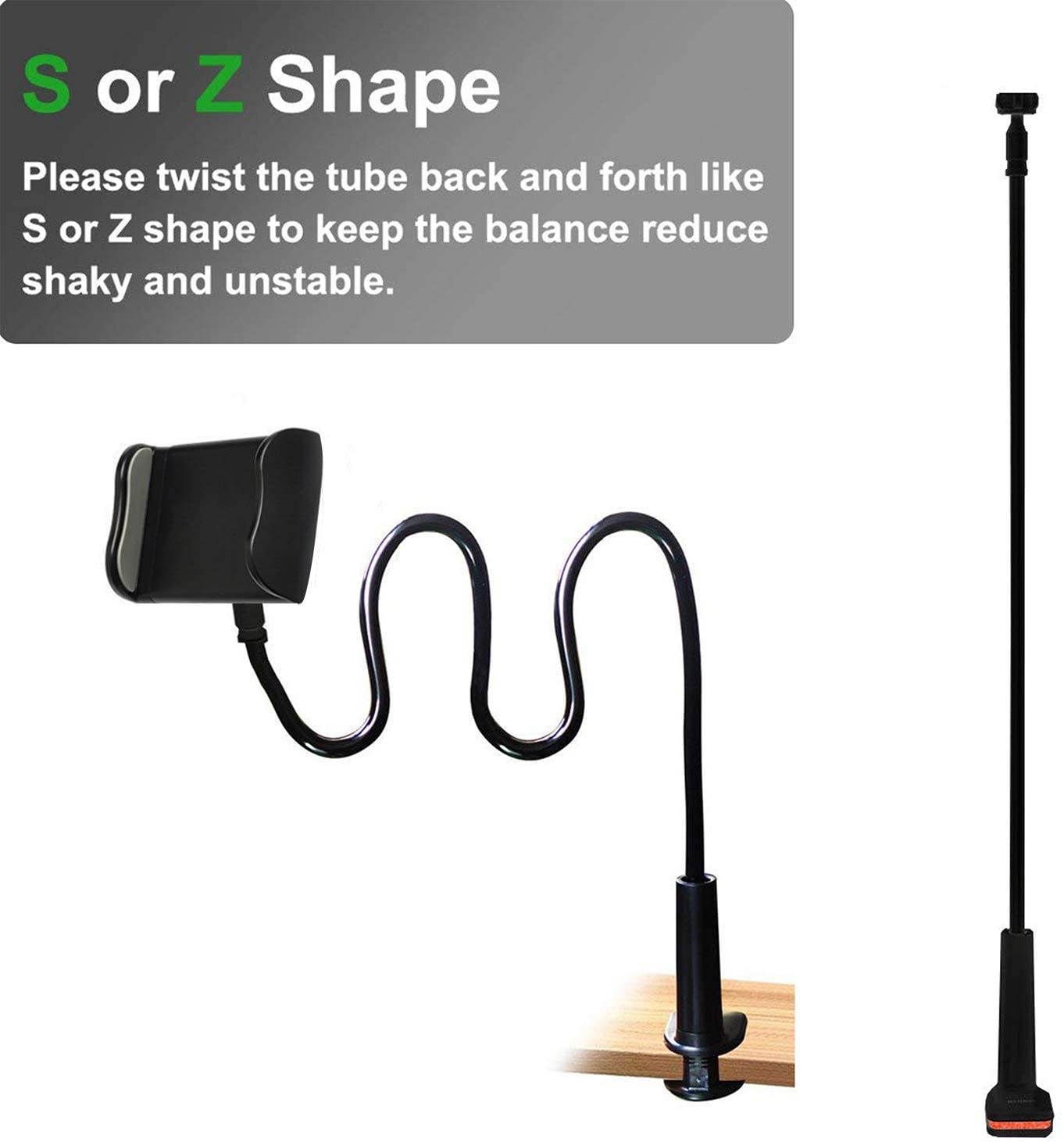 Cell Phone Clip on Stand Holder - with Grip Flexible Long Arm Gooseneck Bracket Mount Clamp for iPhone X/8/7/6/6s/5 Samsung S8/S7, for bed, desktop, Black