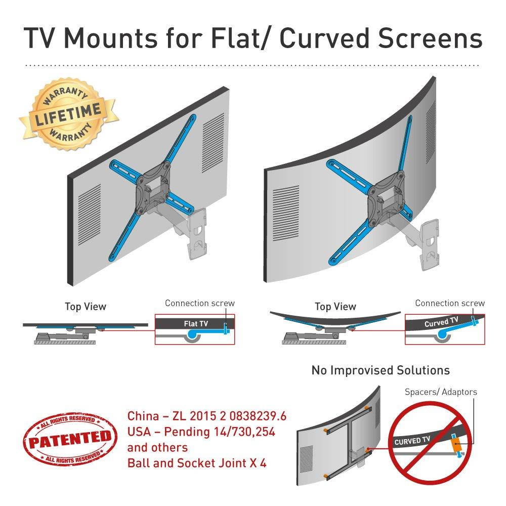 Barkan 3400.B 29-65 Full Motion 4 Movement, Flat/Curved TV Wall Mount, Dual-Arm, Up to 88 lbs, Black, Patented.