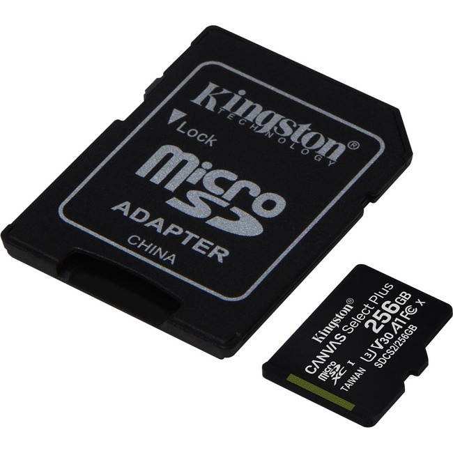 Kingston Canvas Select Plus - Flash memory card (microSDXC to SD adapter included) - 256 GB - A1 / Video Class V30 / UHS