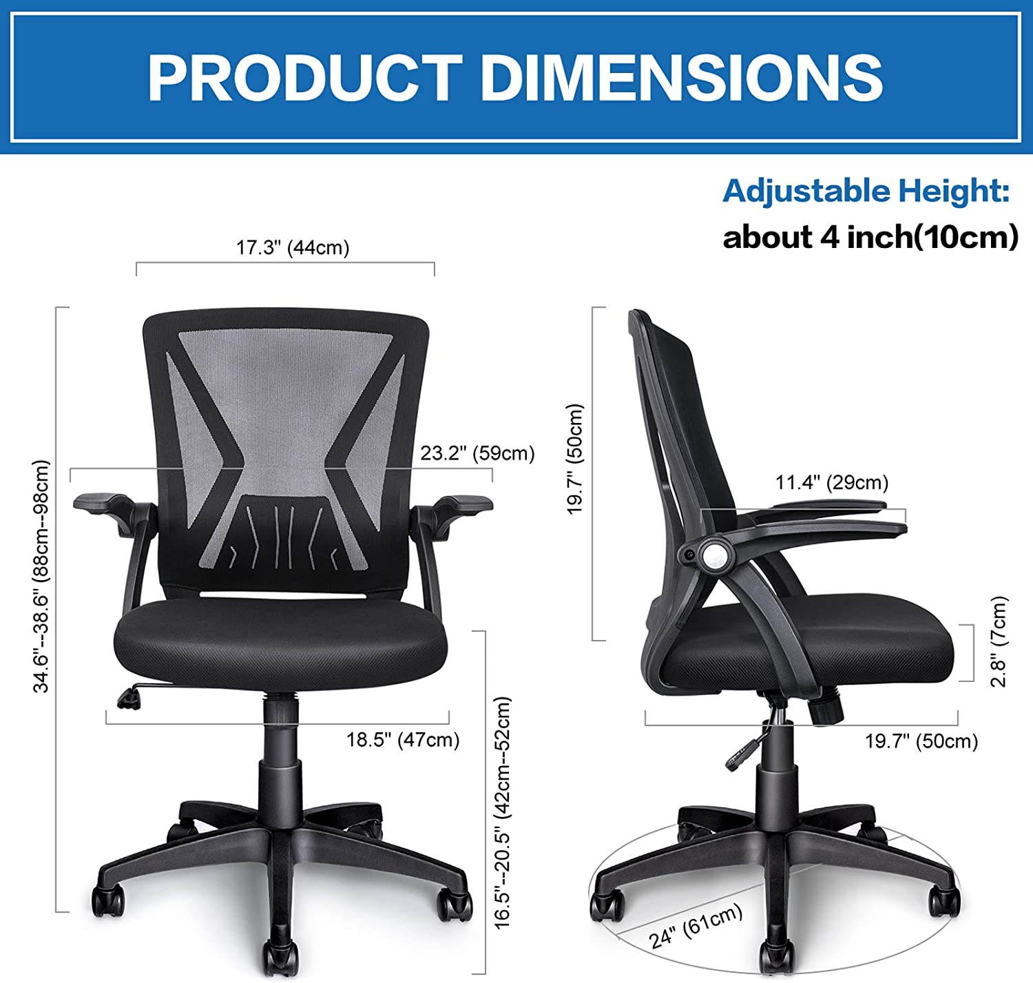 Mid Back Mesh Office Chair Ergonomic Swivel Black Mesh Computer Chair Flip Up Arms with Lumbar Support Adjustable Height Task Chair
