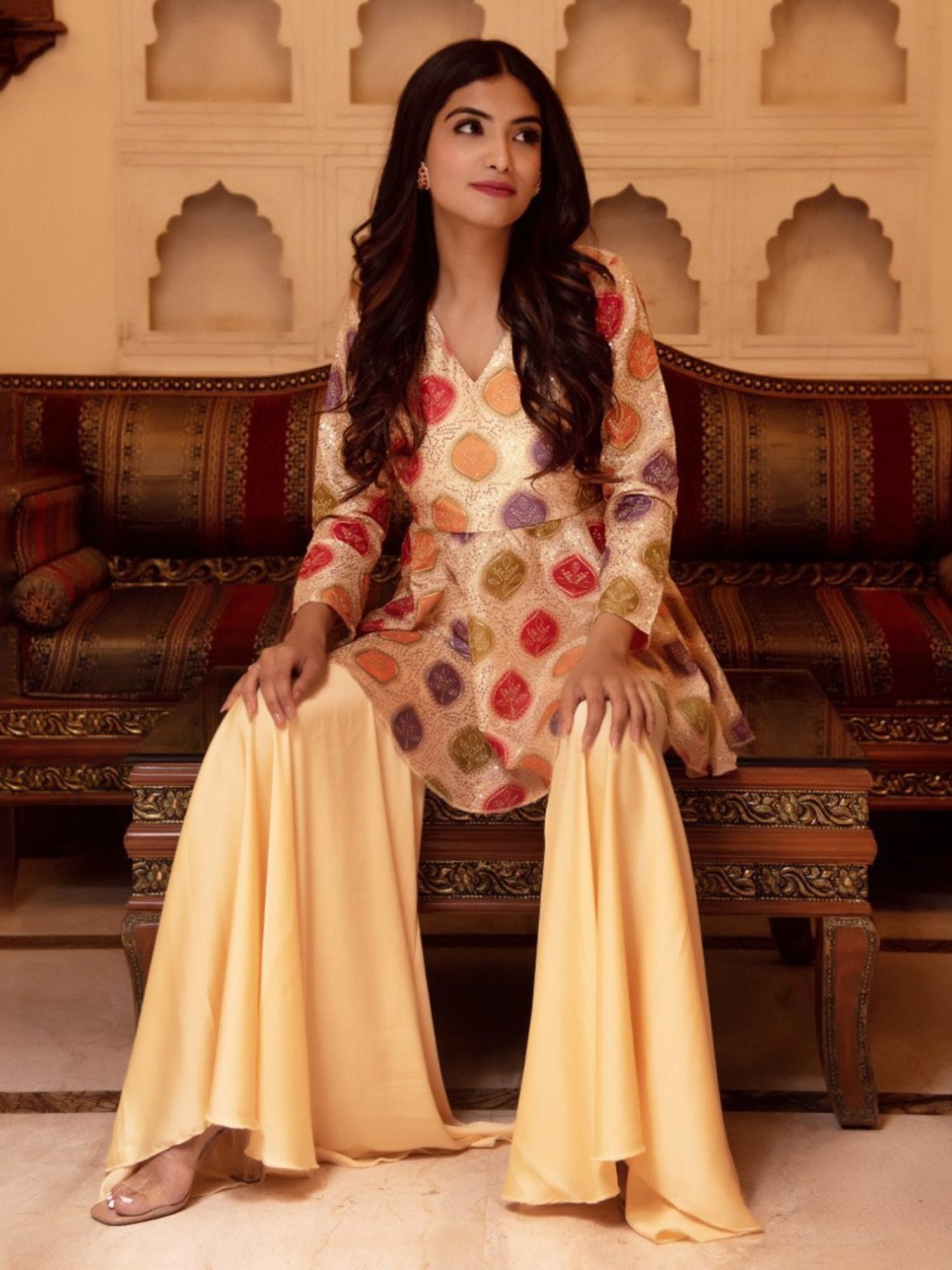 Calmna Beige Samayra Sequin Kuta with Sharara