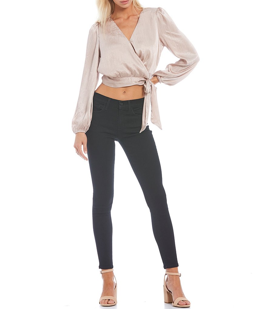 Lucy Paris Jelena Charmeuse Plunge Neck Long Blouson Sleeve Tie-Front Crop Top