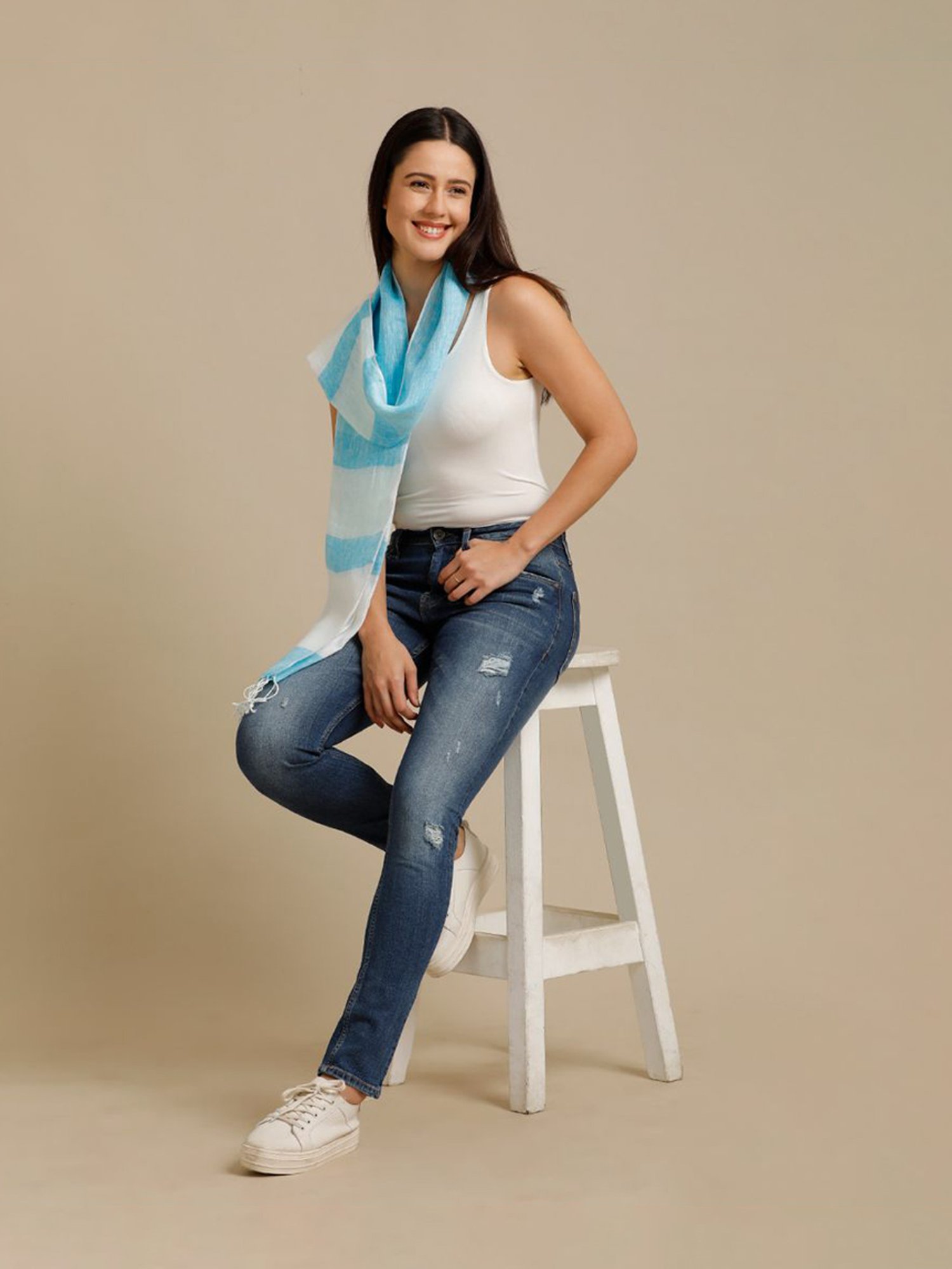 Linen Club Turquoise Blue Striped Pure Linen Stole