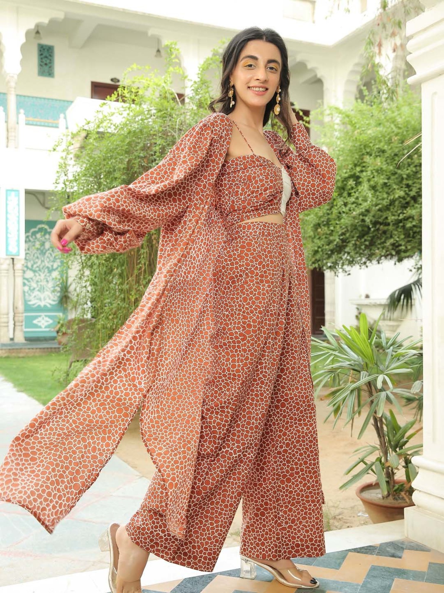 KAORI BY SHREYA AGARWAL Brown Cotton Printed Crop Top & Palazzo Set With Cape