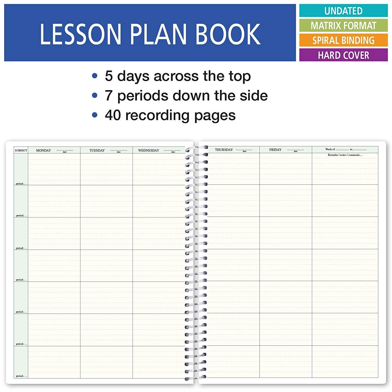 7 Period Teacher Lesson Plan; Days Horizontally Across The Top (W101) (+) Bonus Clip-in Bookmark (Blue Green Flowers)