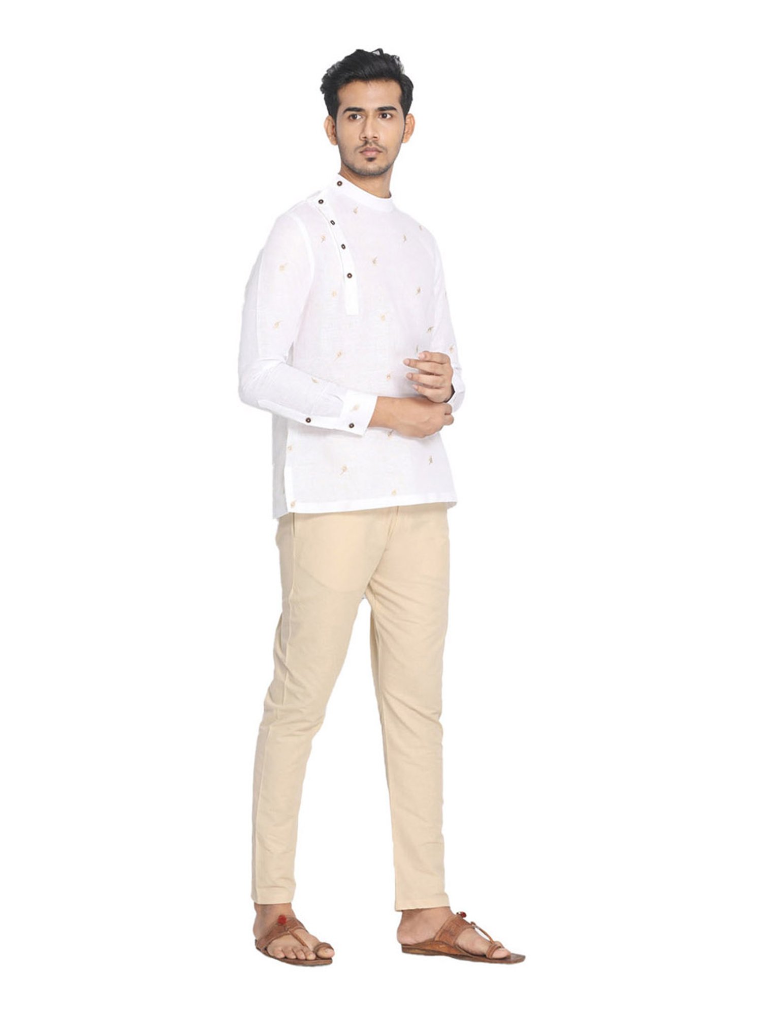 Manyavar White Printed Short Kurta