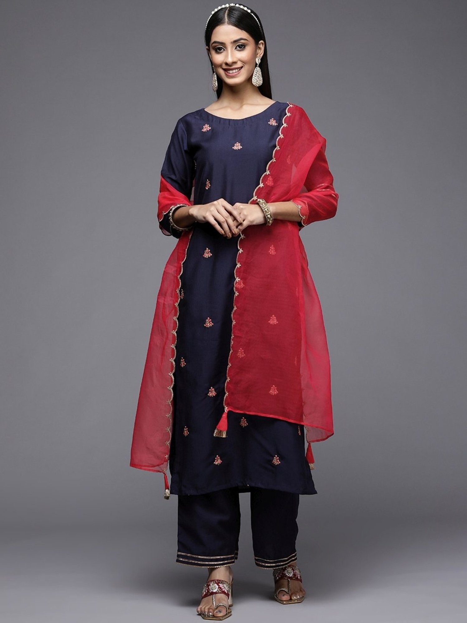 Indo Era Navy Embroidered Kurta Palazzo Set With Dupatta