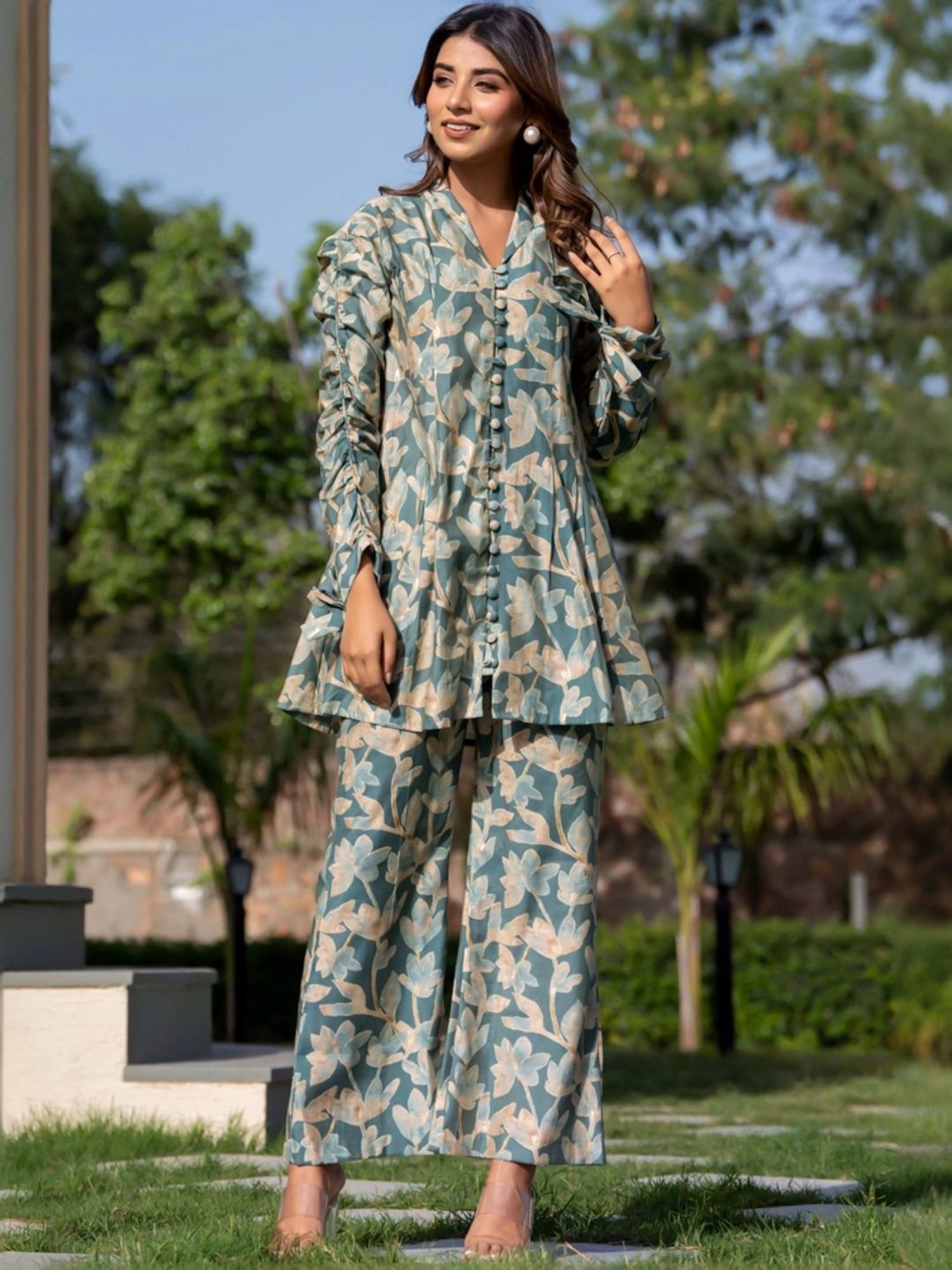 HOUSE OF JAMOTI Green Cotton Printed Tunic Palazzo Set